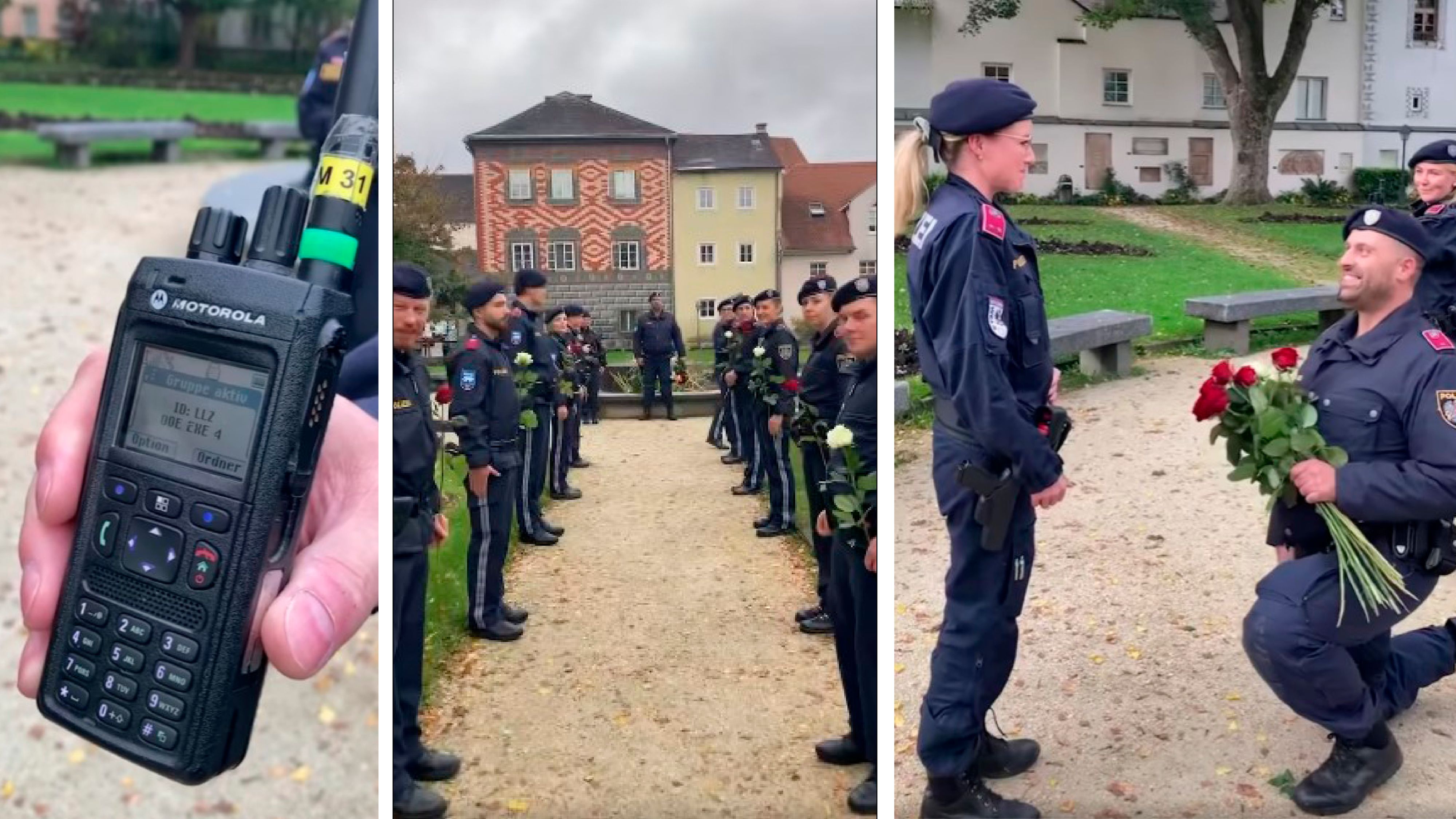 Die Polizistin wurde per Funkgerät zu einem angeblichen Einsatz gelockt. Dort warteten aber ihre Kollegen, die Polizeimusik und ihr Freund.