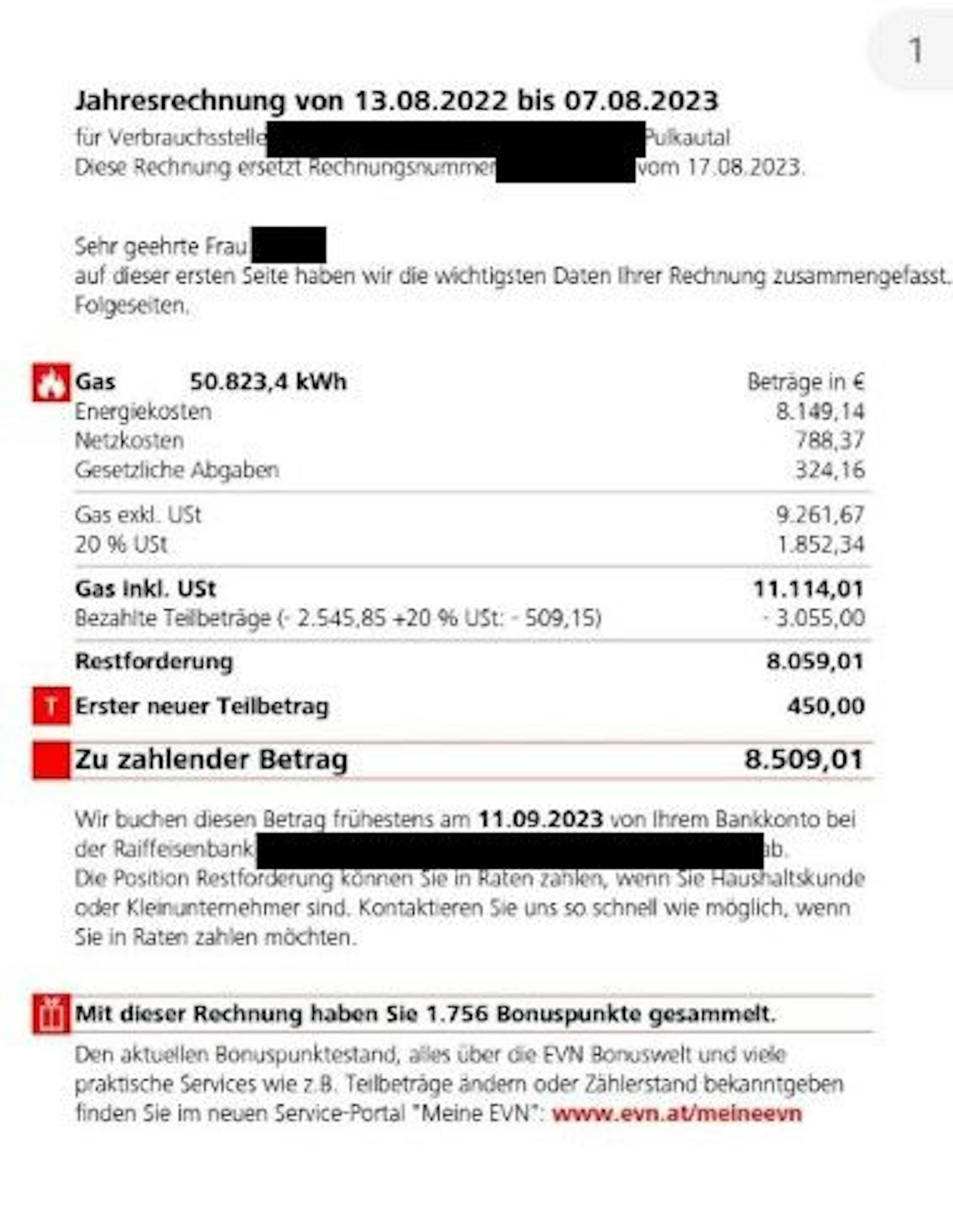 EVN-Rechnung über 11.100 Euro der Familie.