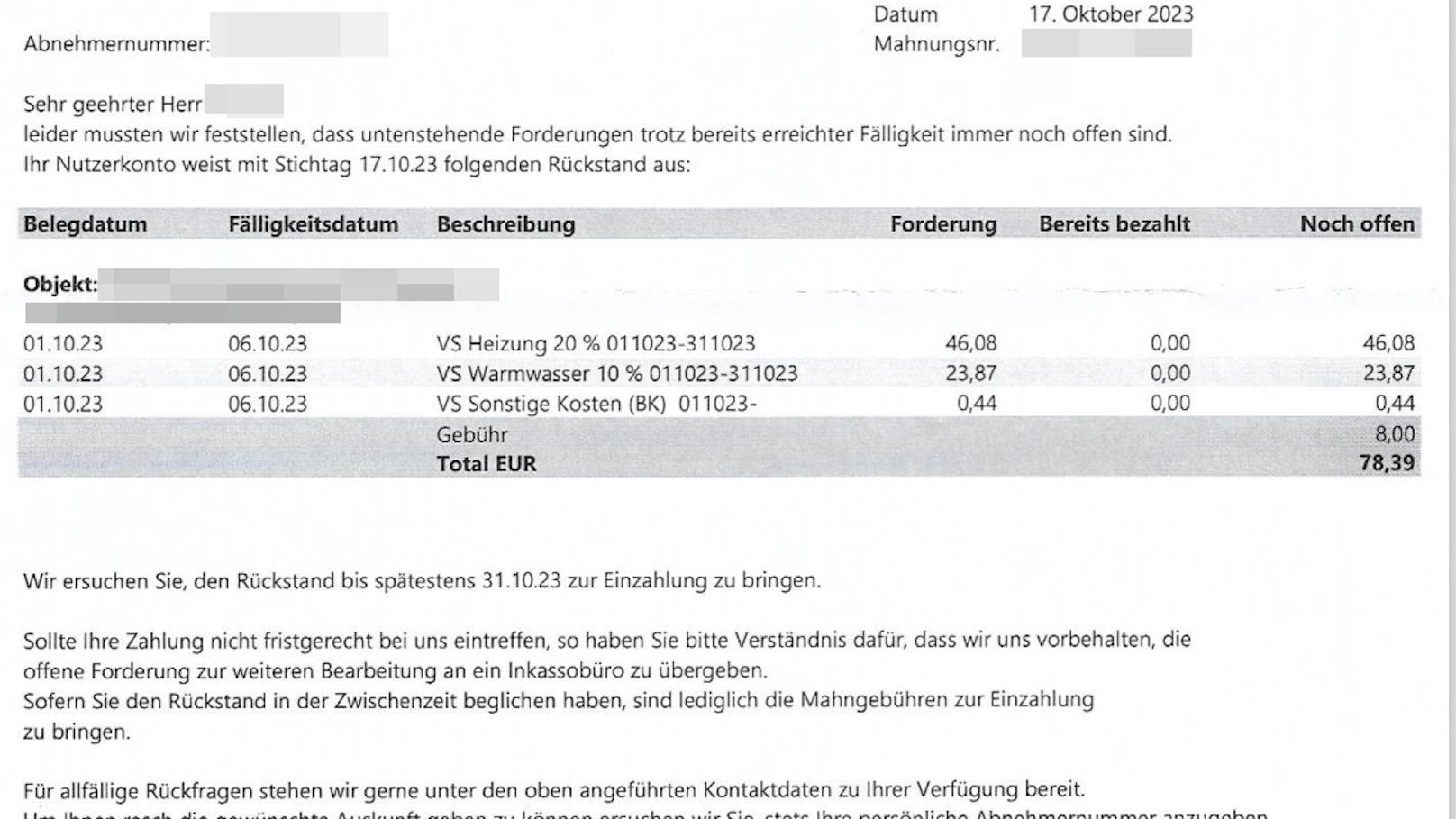 Andreas S. (41): Die alte Vorschreibung über 70 Euro (plus 8 Euro Mahngebühr)