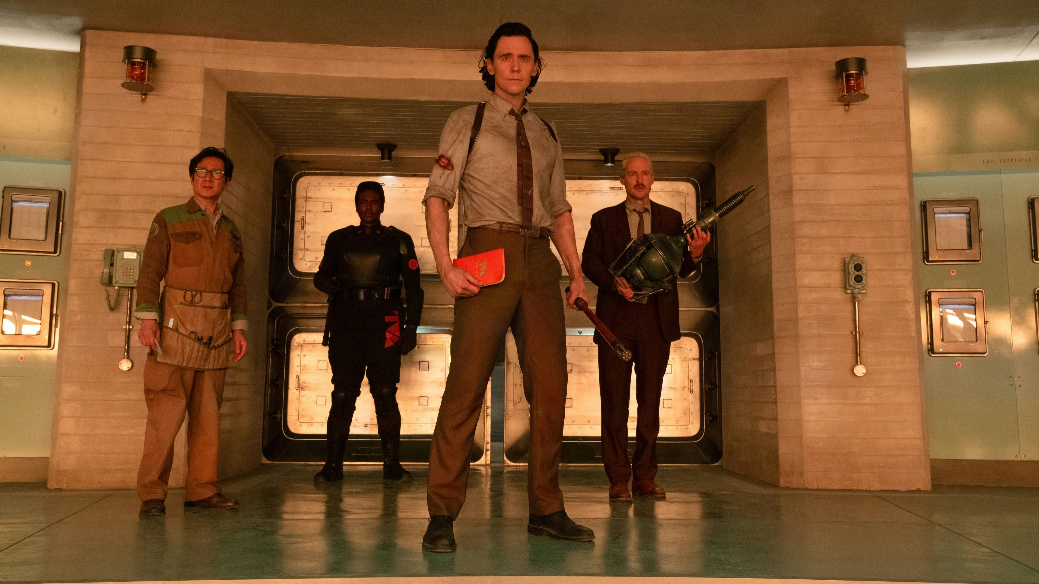 (L-R): Ke Huy Quan as O.B., Wunmi Mosaku as Hunter B-15, Tom Hiddleston as Loki, and Owen Wilson as Mobius in Marvel Studios' LOKI, Season 2, exclusively on Disney+. Photo by Gareth Gatrell. © 2023 MARVEL.