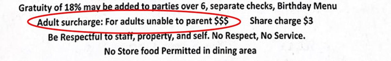 "Erwachsenenzuschlag: Für Erwachsene, die nicht in der Lage sind, Eltern zu sein", heißt es im Menü des Toccoa Riverside Restaurant (Bild)