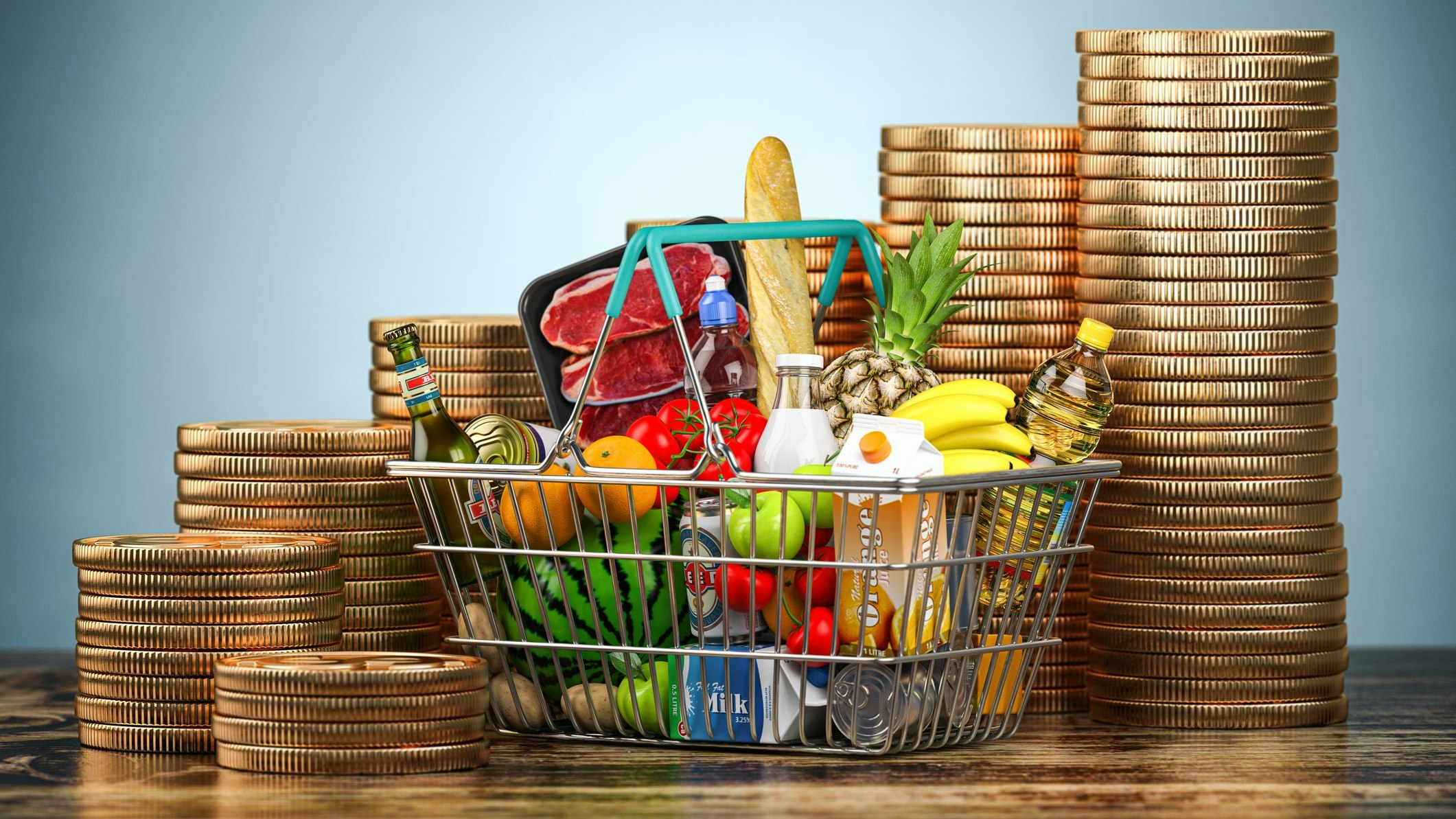 Inflation, growth of food sales or growth of market basket or consumer price index concept. Shopping basket with foods and coin stacks. 3d illustration