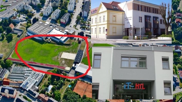 Auf dem Fußballplatz (rot eingekreist) soll der Neubau des Schulzentrums Ybbs geplant werden.