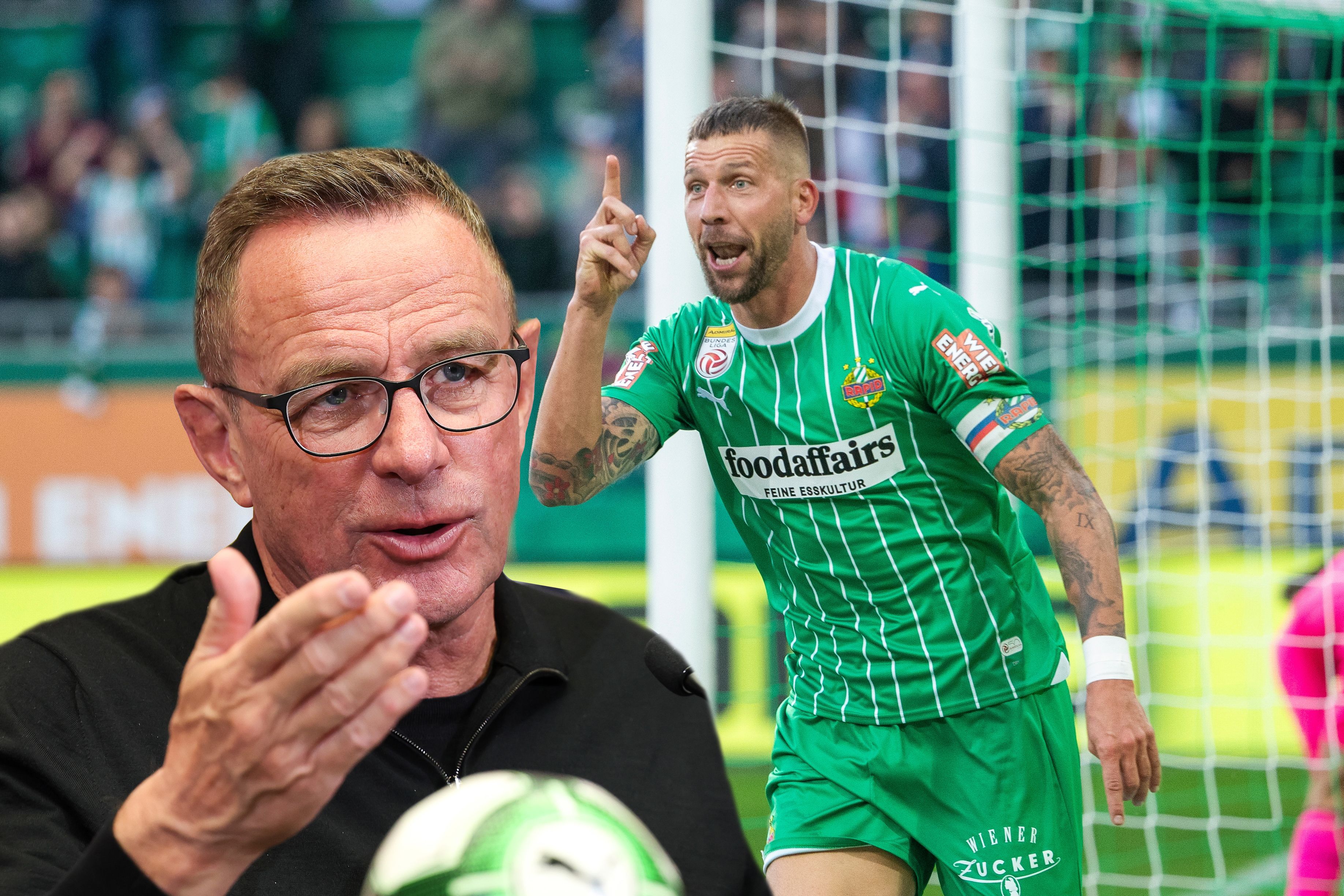 ÖFB-Teamchef Rangnick (l.) behält Burgstaller im Auge.