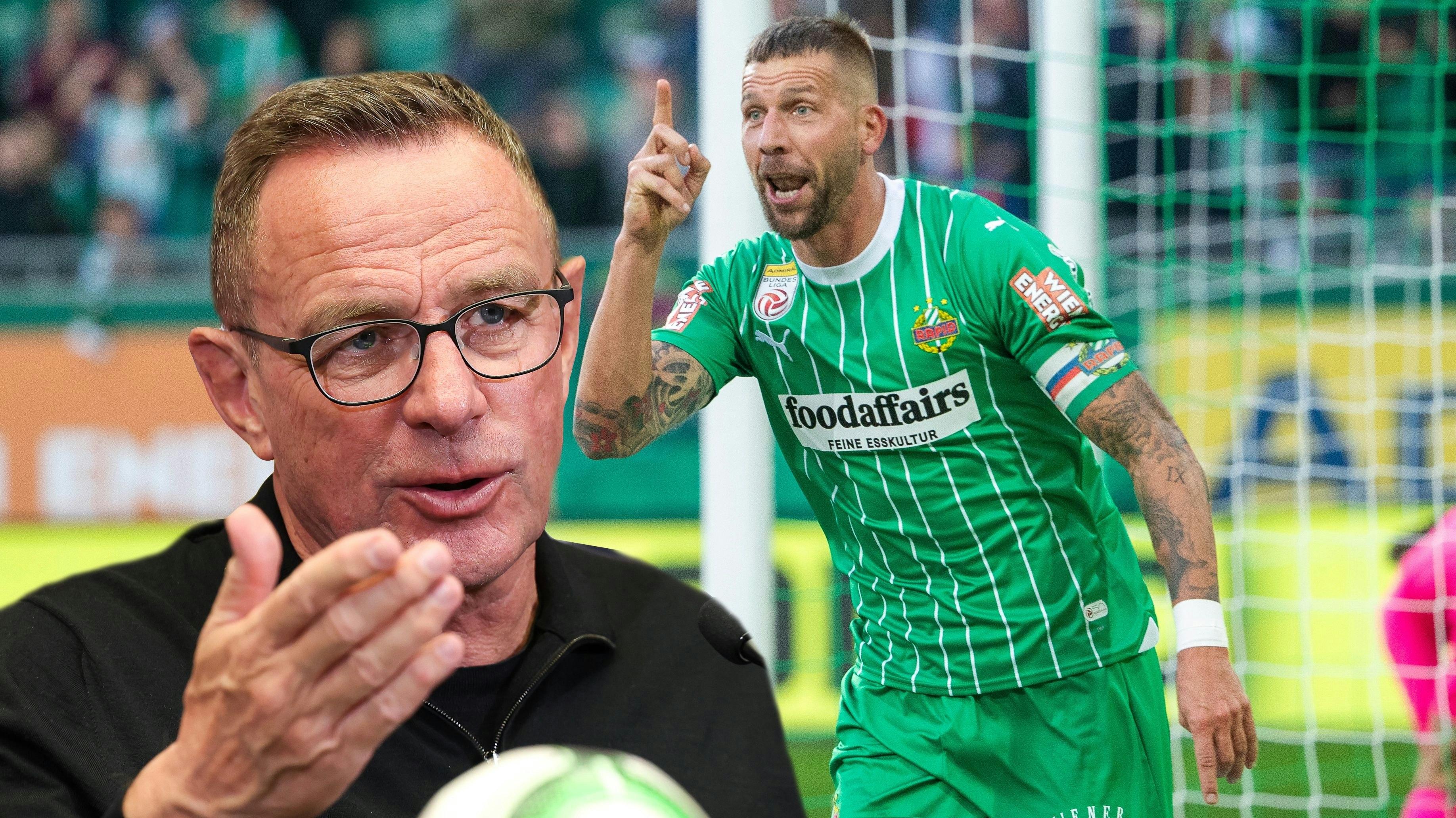 ÖFB-Teamchef Rangnick (l.) behält Burgstaller im Auge.