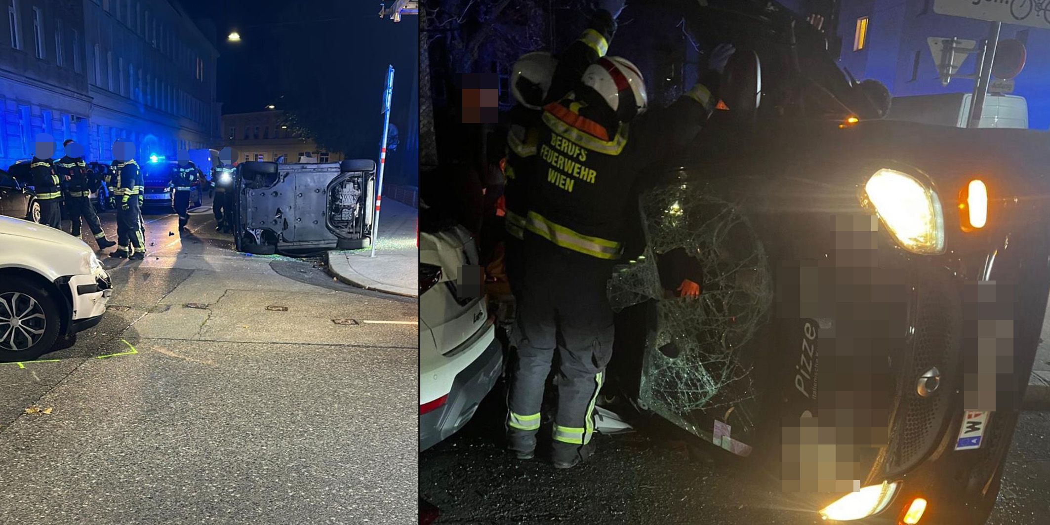 Die Berufsfeuerwehr Wien musste einen Mann (20) aus dem zur Seite gekippten Fahrzeug befreien. Zuvor war das Auto in einem Unfall verwickelt worden.