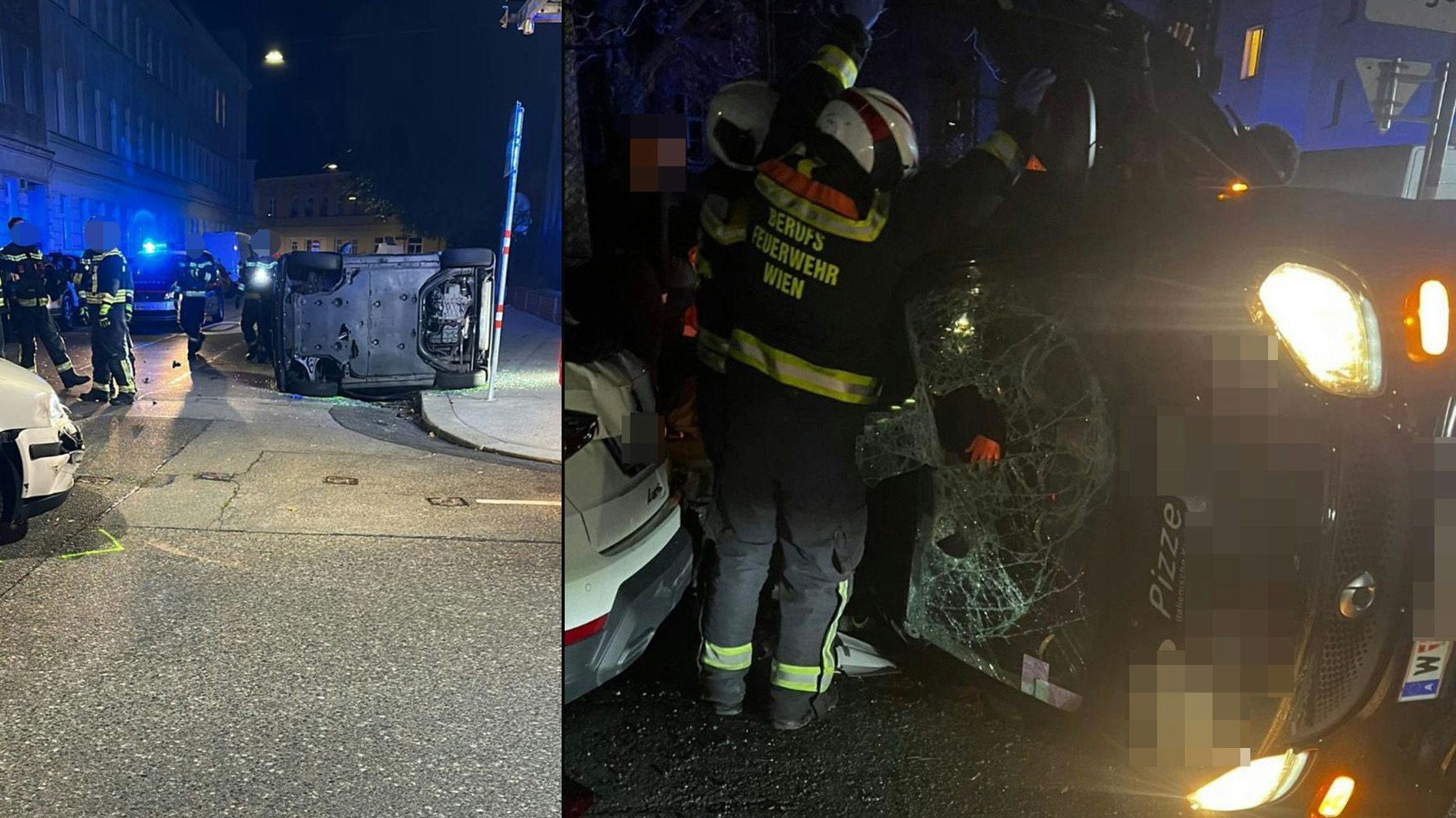 Die Berufsfeuerwehr Wien musste einen Mann (20) aus dem zur Seite gekippten Fahrzeug befreien.