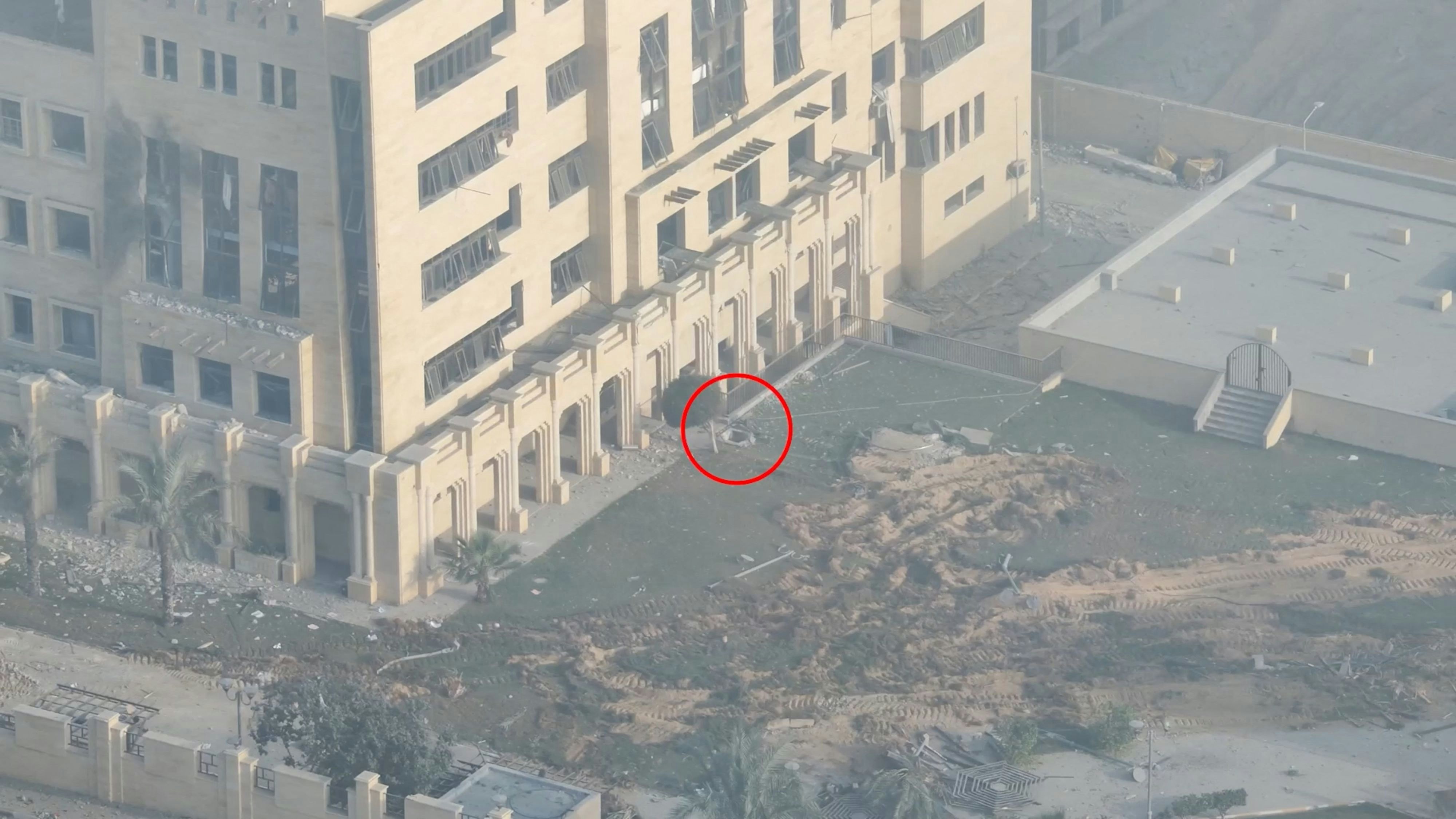 A view shows what the Israeli military says is an opening to Hamas underground infrastructure at Sheikh Hamad Hospital, amid the ongoing conflict between Israel and the Palestinian Islamist group Hamas, at a location given as Gaza in this still image taken from video released November 5, 2023. Israel's military has said Hamas has a strategy of using hospitals as cover, while Hamas denies doing so and has accused Israel of spreading lies.  Israel Defense Forces/Handout via REUTERS    THIS IMAGE HAS BEEN SUPPLIED BY A THIRD PARTY. REUTERS WAS NOT ABLE TO INDEPENDENTLY VERIFY THE DATE THE VIDEO WAS TAKEN. OVERLAY ON IMAGE ADDED AT SOURCE.