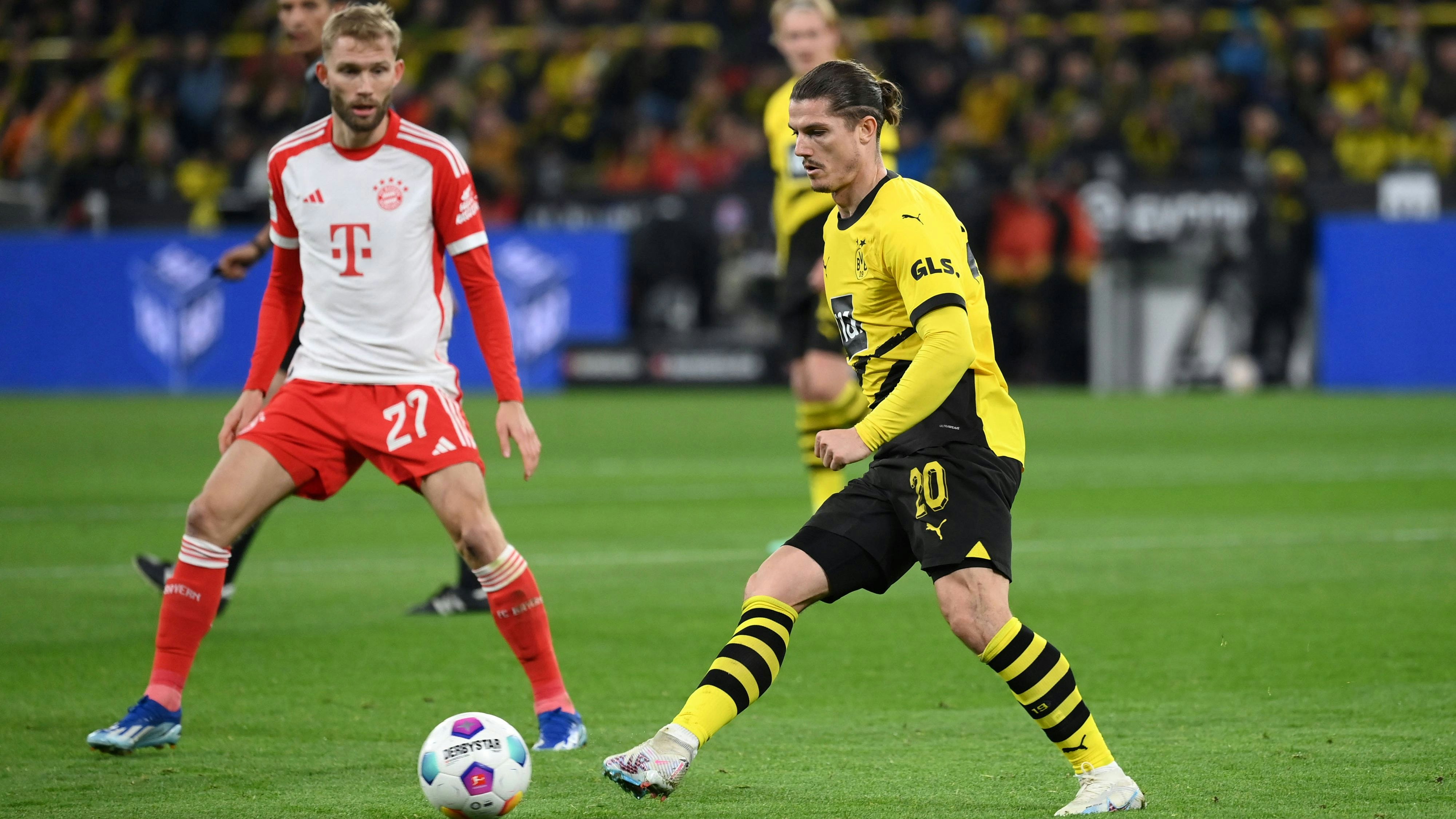 Marcel Sabitzer im "Klassiker" gegen Bayern mit Konrad Laimer.