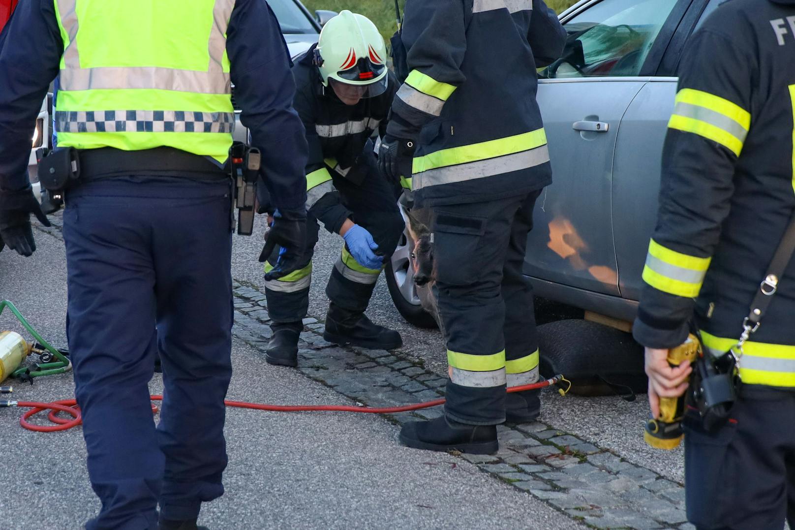 Um es zu befreien, hob die Feuerwehr den Wagen an.