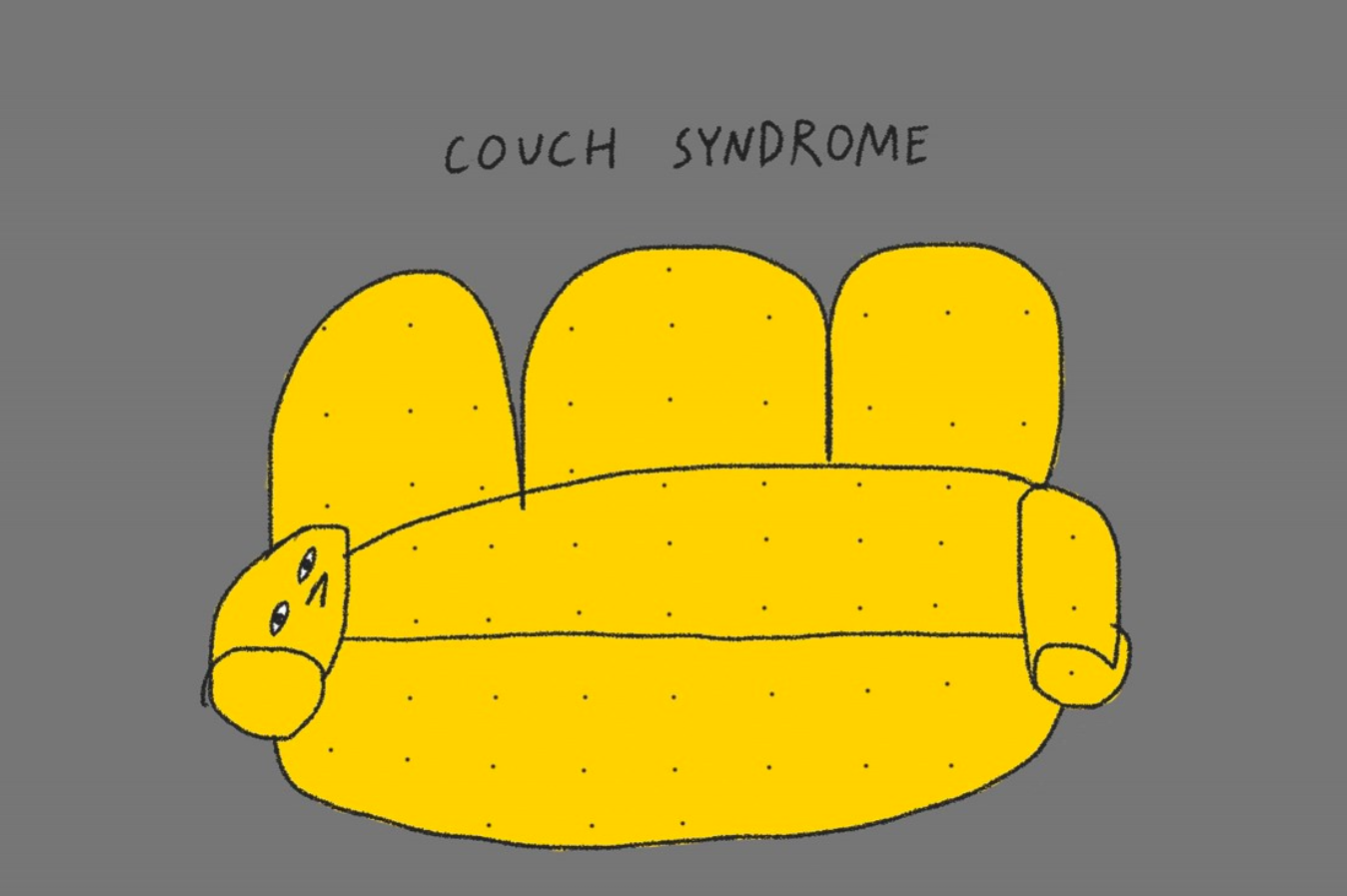 Das Werk Couch Syndrome von 2023 ist ein Kunstdruck von Andrea Zapanta Scharf. Die Arbeit ist eine Spende der Künstlerin. Der Erlös kommt Kindern zugute.