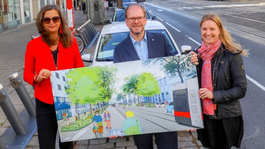 Planungsstadträtin Ulli Sima, Bezirksvorsteher Dietmar Baurecht und Neos-Wien-Mobilitätssprecherin Angelika Pipal-Leixner.