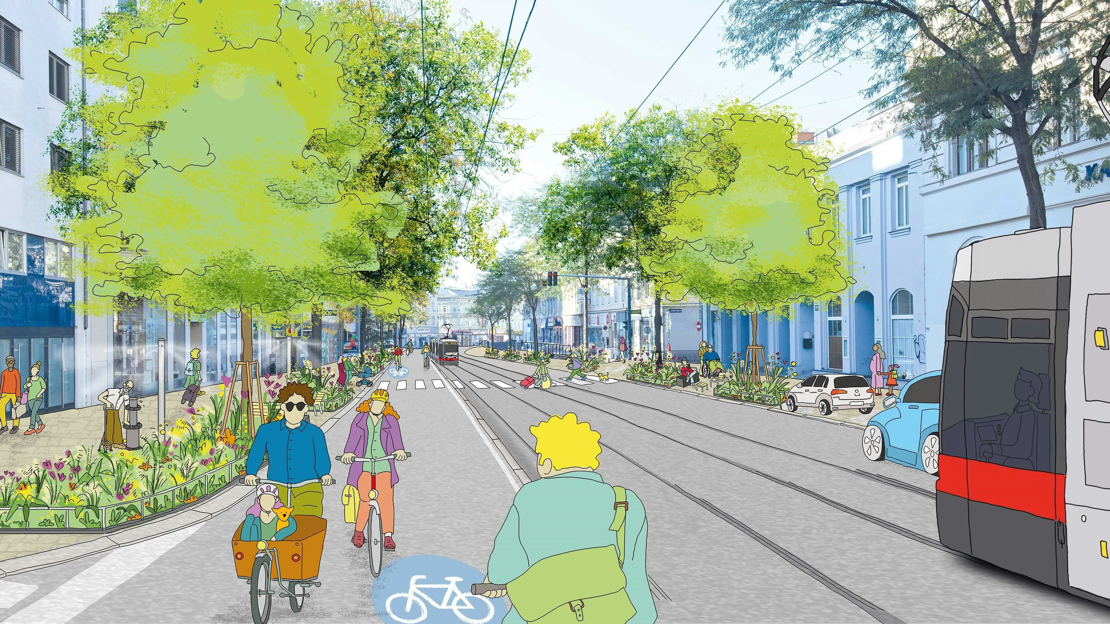 Zwei-Richtungs-Radweg, in der Mitte Öffis, eine Spur stadtauswärts für Autos.