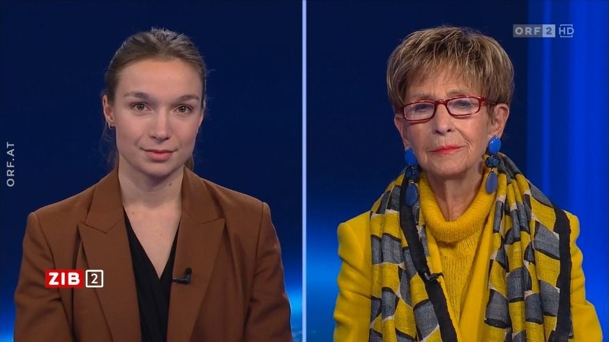 Die Vorsitzende der Jungen Liberalen NEOS (JUNOS), Sophie Wotschke sowie ÖVP-Seniorenbund-Präsidentin Ingrid Korosec am Donnerstagabend zu Gast im "ZIB2"-Studio.