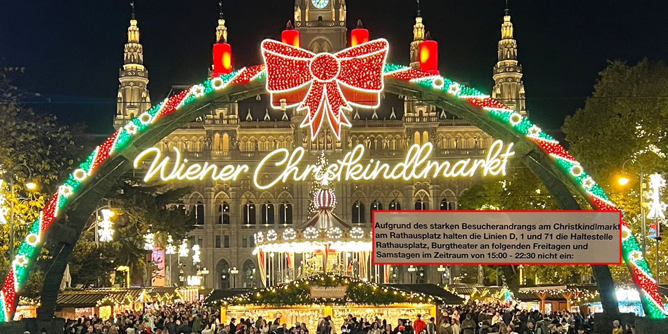 Der Christkindlmarkt am Wiener Rathausplatz ist eröffnet. Die Straßenbahn haltet heuer allerdings nicht immer dort an.