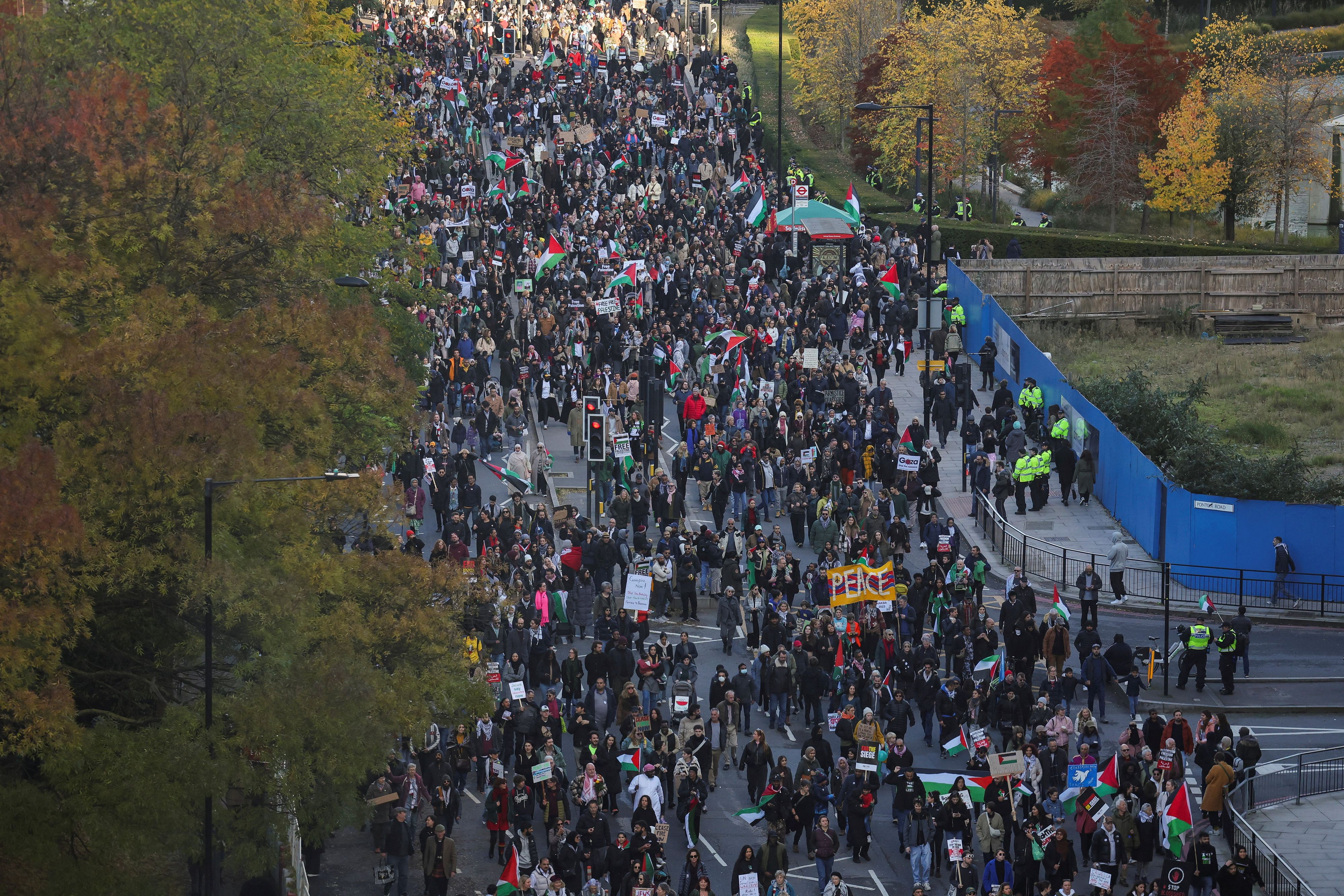 Demonstrators protest in solidarity with Palestinians in Gaza, amid the ongoing conflict between Israel and the Palestinian Islamist group Hamas, in London, Britain, November 11, 2023. REUTERS/Hannah McKay