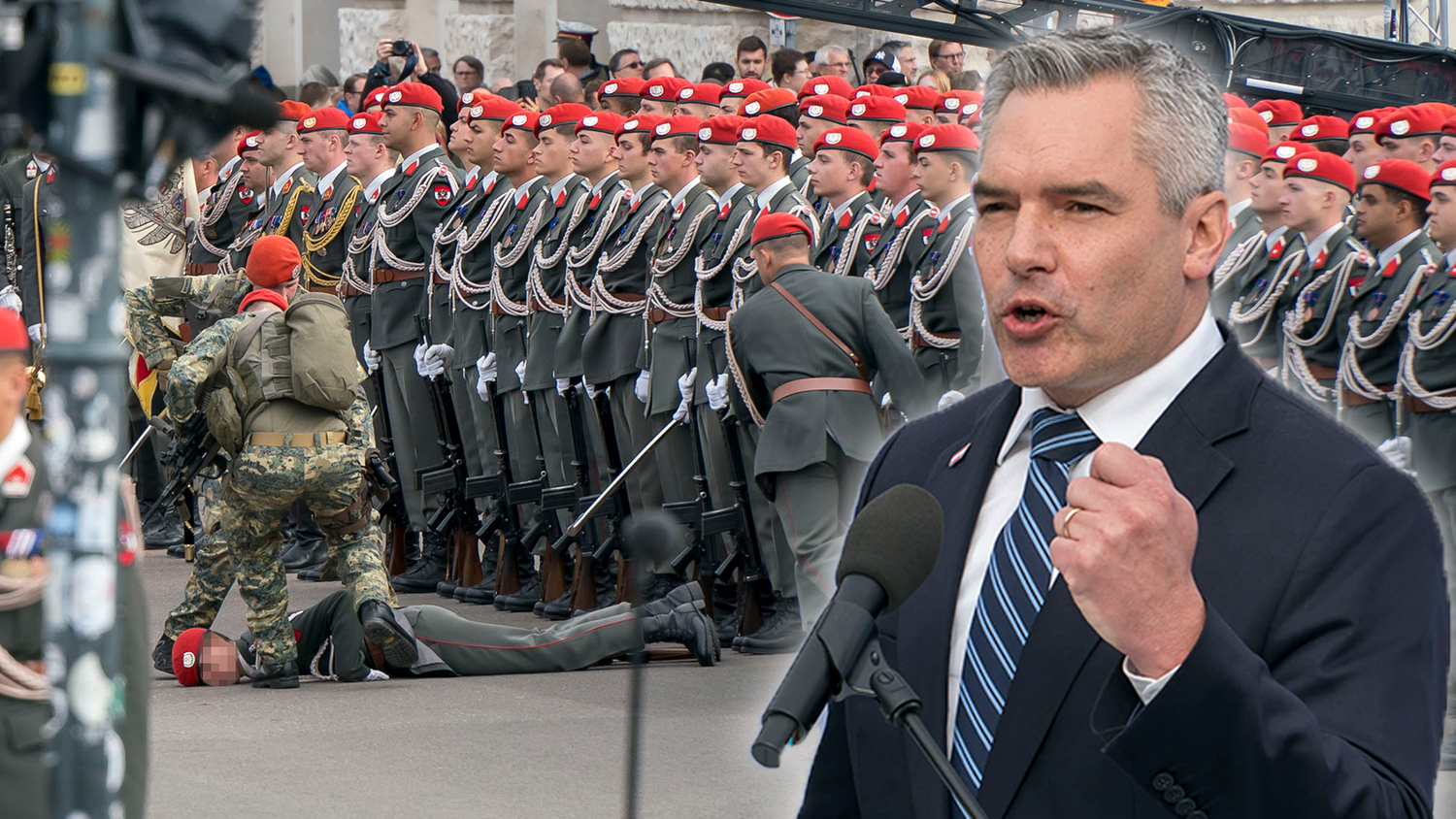 Nehammer überzog seine Redezeit deutlich – Soldaten kollabierten währenddessen.