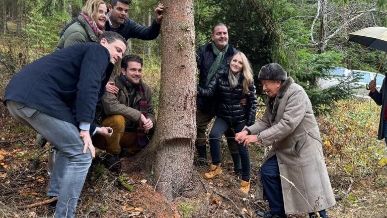 Richard Lugner legte selbst Hand an und sägte mit ein bisschen Hilfe von Familie Gudenus, allen voran Johann Gudenus, seinen Christbaum für die Lugner City.