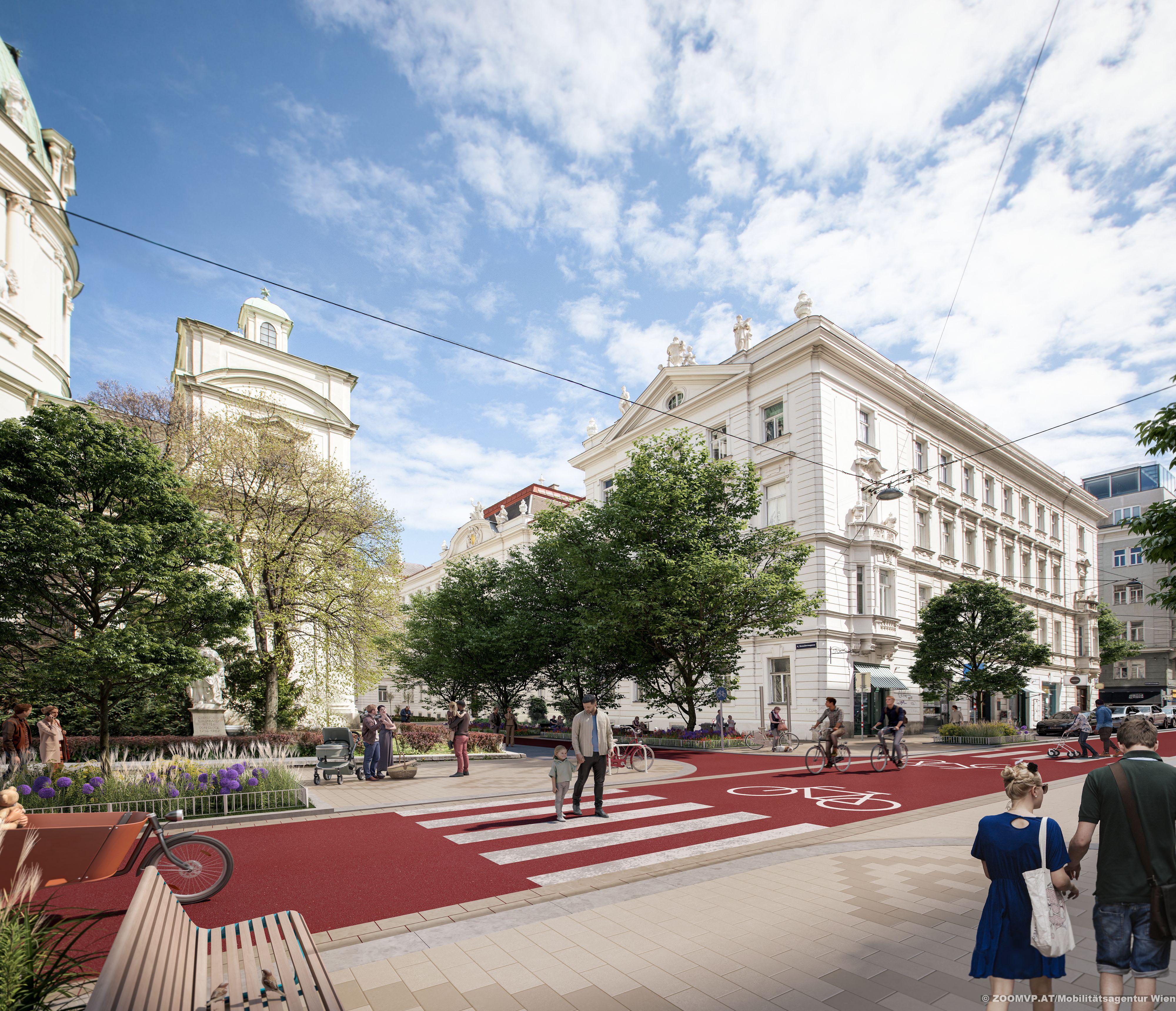 Begrünter und mit einer deutlichen roten Fahrbahn – so die Pläne für die Umgestaltung der Argentinierstraße in Wien-Wieden.