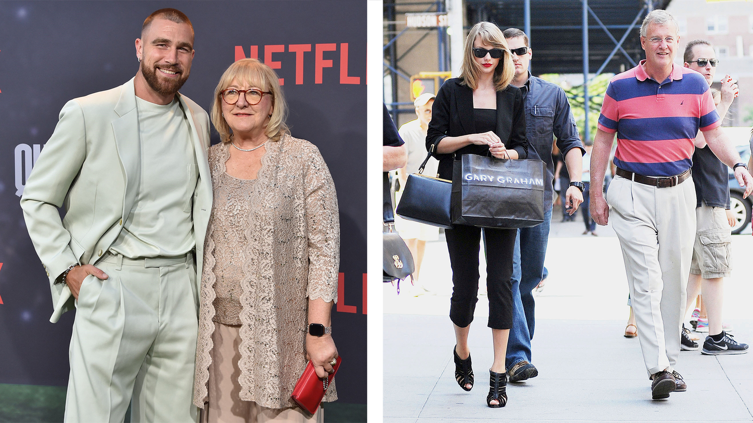 Travis mit seiner Mutter Donna Kelce; Taylor mit ihrem Vater Scott Swift.