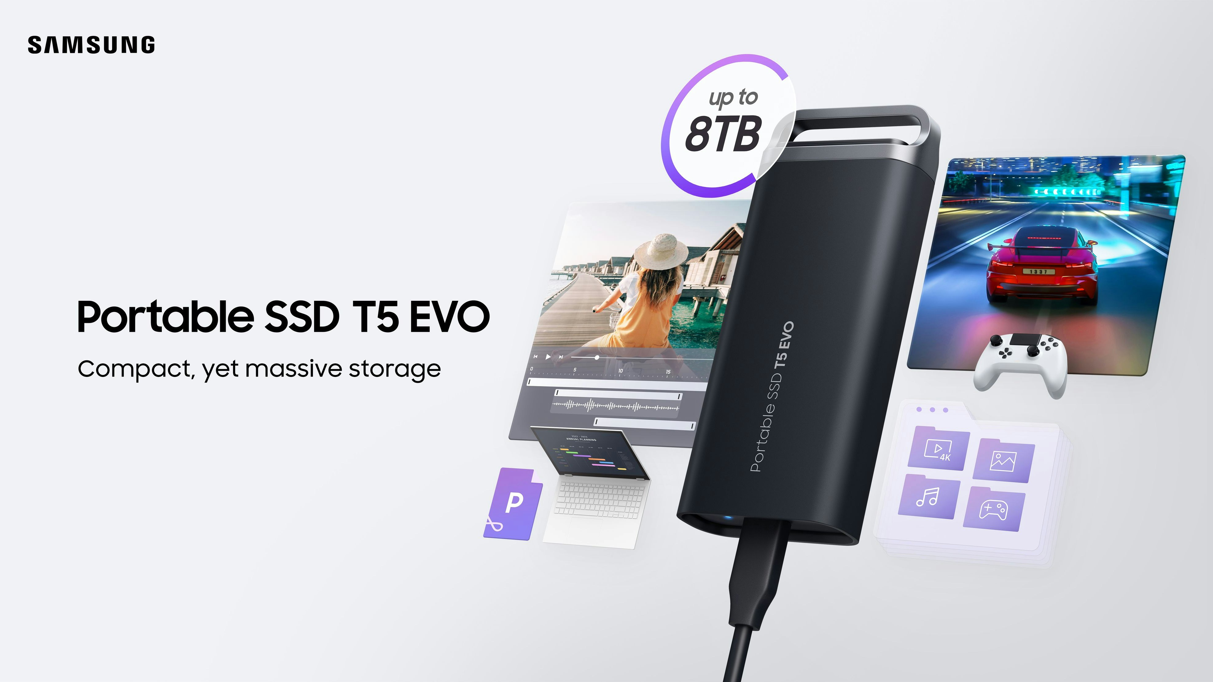 Samsung stellt die neue portable SSD T5 EVO vor – mit 8 TB Speicherkapazität und einem kompakten Design.