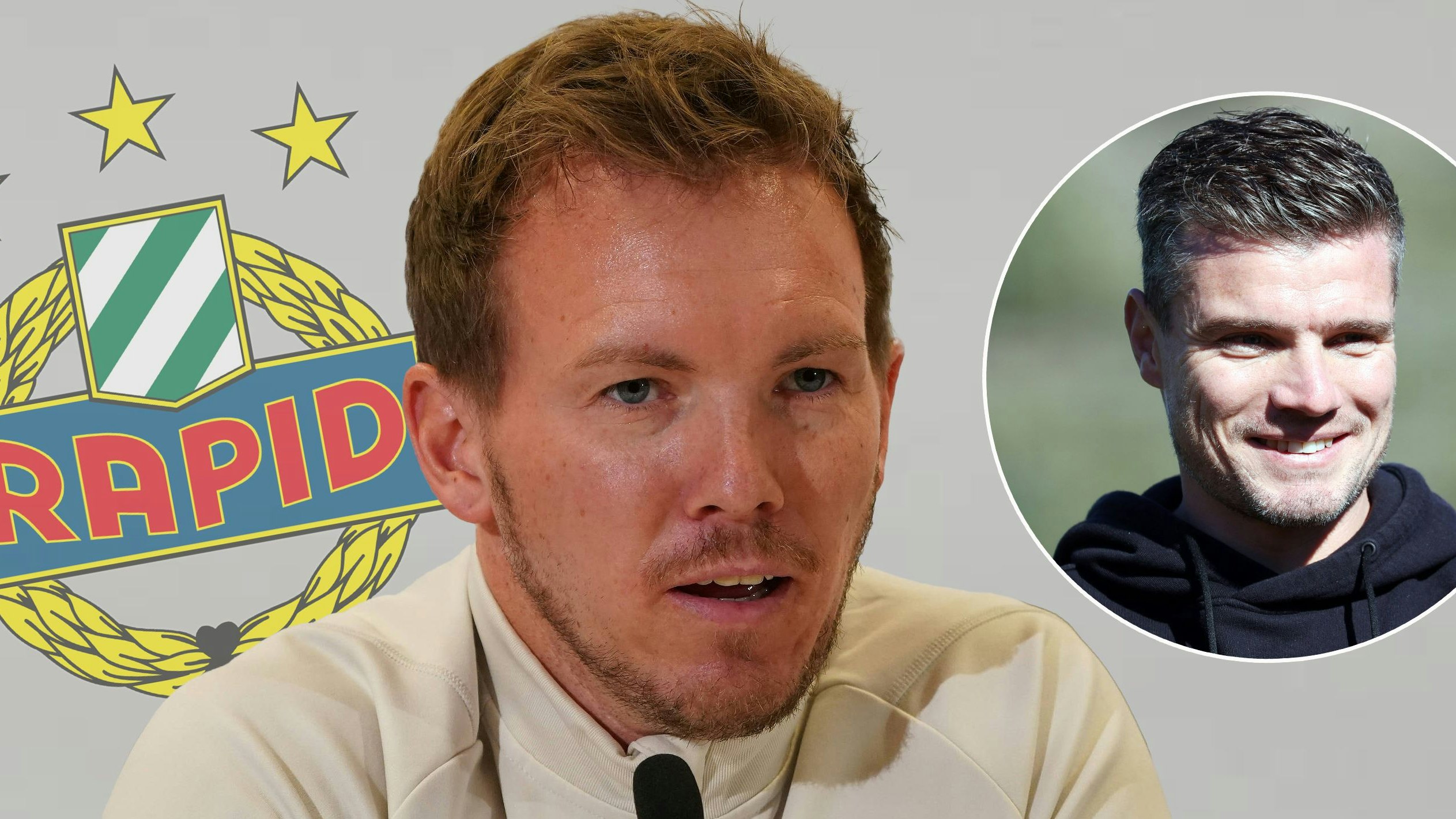 Julian Nagelsmann spricht über Rapid-Trainer Robert Klauß (r.).