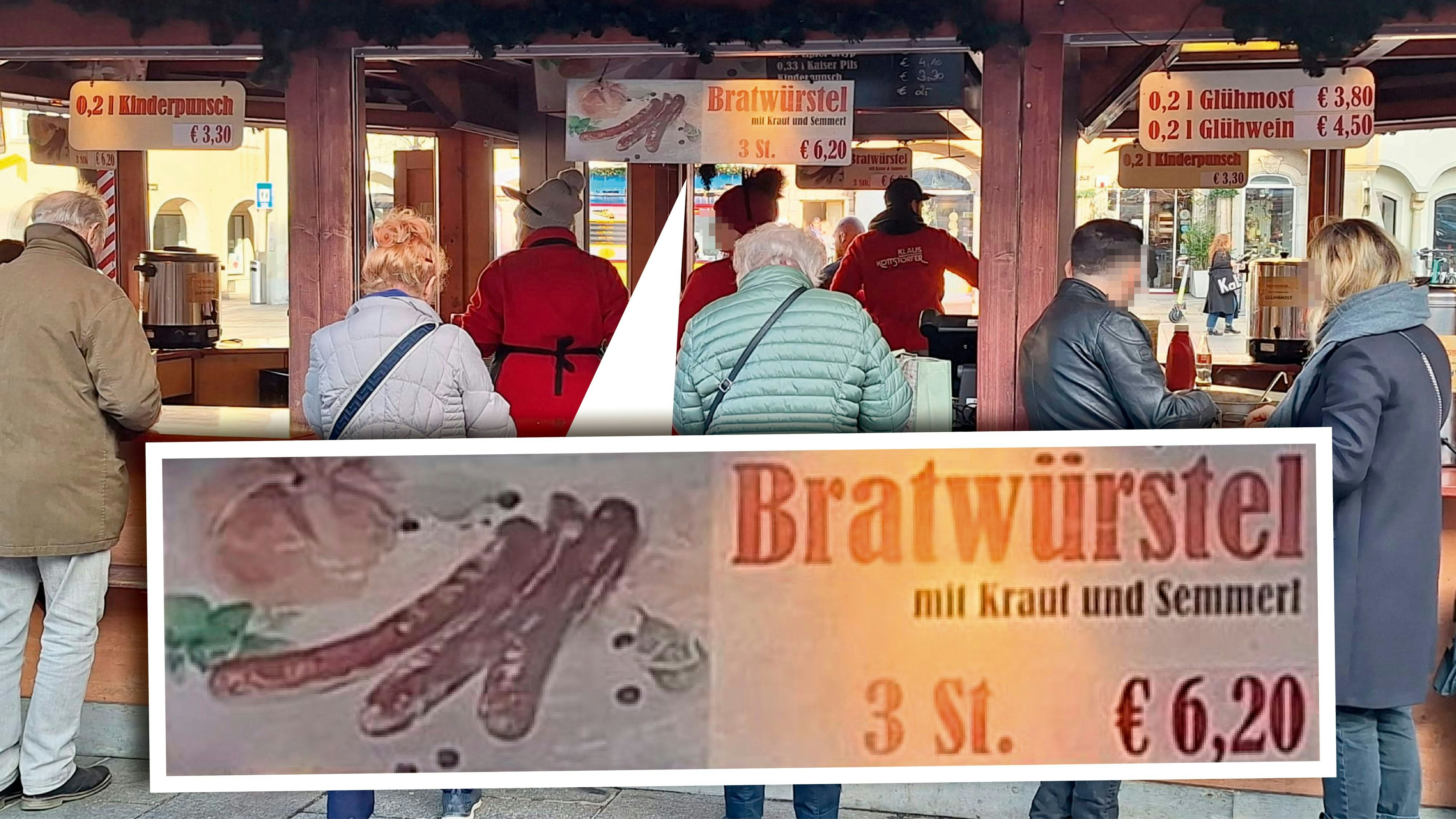 Am Linzer Hauptplatz kosten Bratwürstel mit Sauerkraut und Semmerl heuer 6,20 Euro. Vor einigen Jahren waren es noch 4,20 Euro.