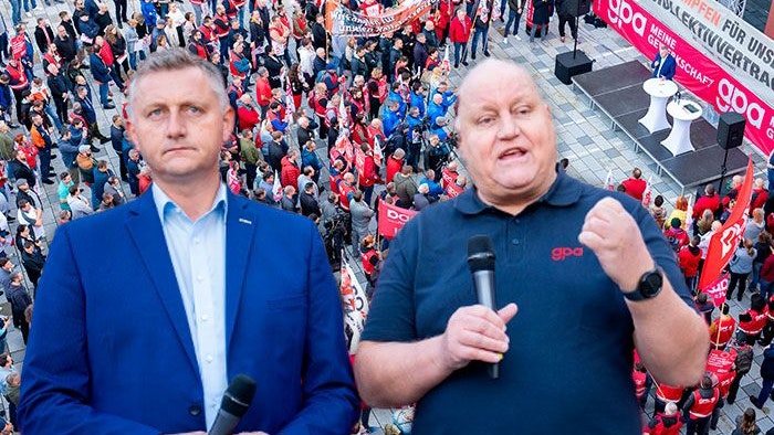 Reinhold Binder (PRO-GE) und Karl Dürtscher (GPA) - die beiden Chefverhandler sind weiter unzufrieden mit dem Angebot der Arbeitergeber.