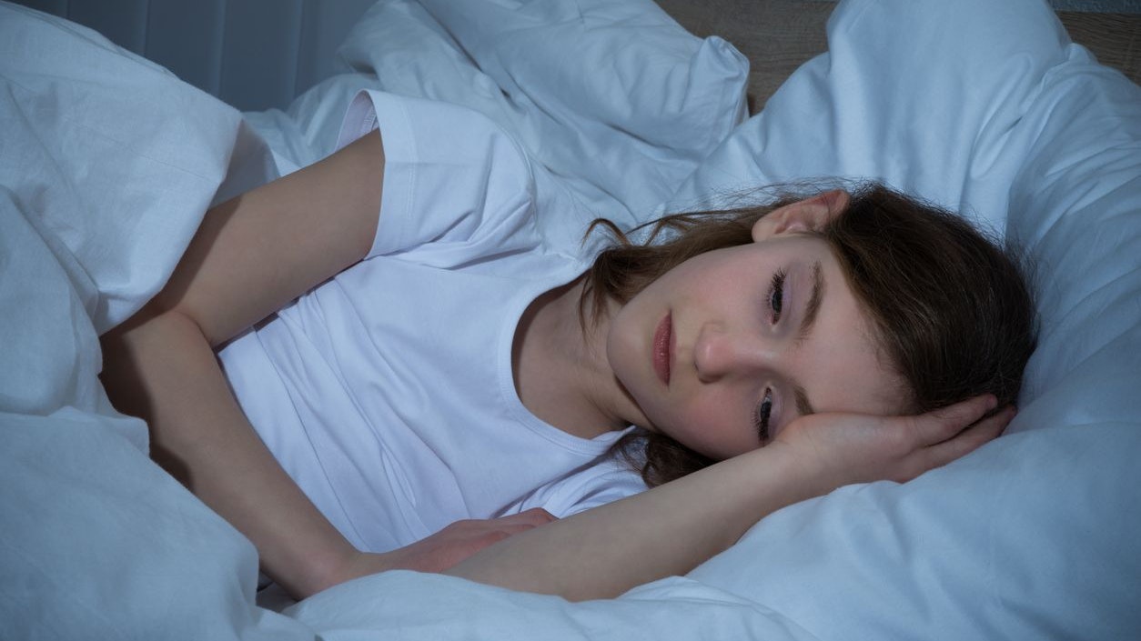 Innocent Girl In Bedroom Having Sleeplessness Night