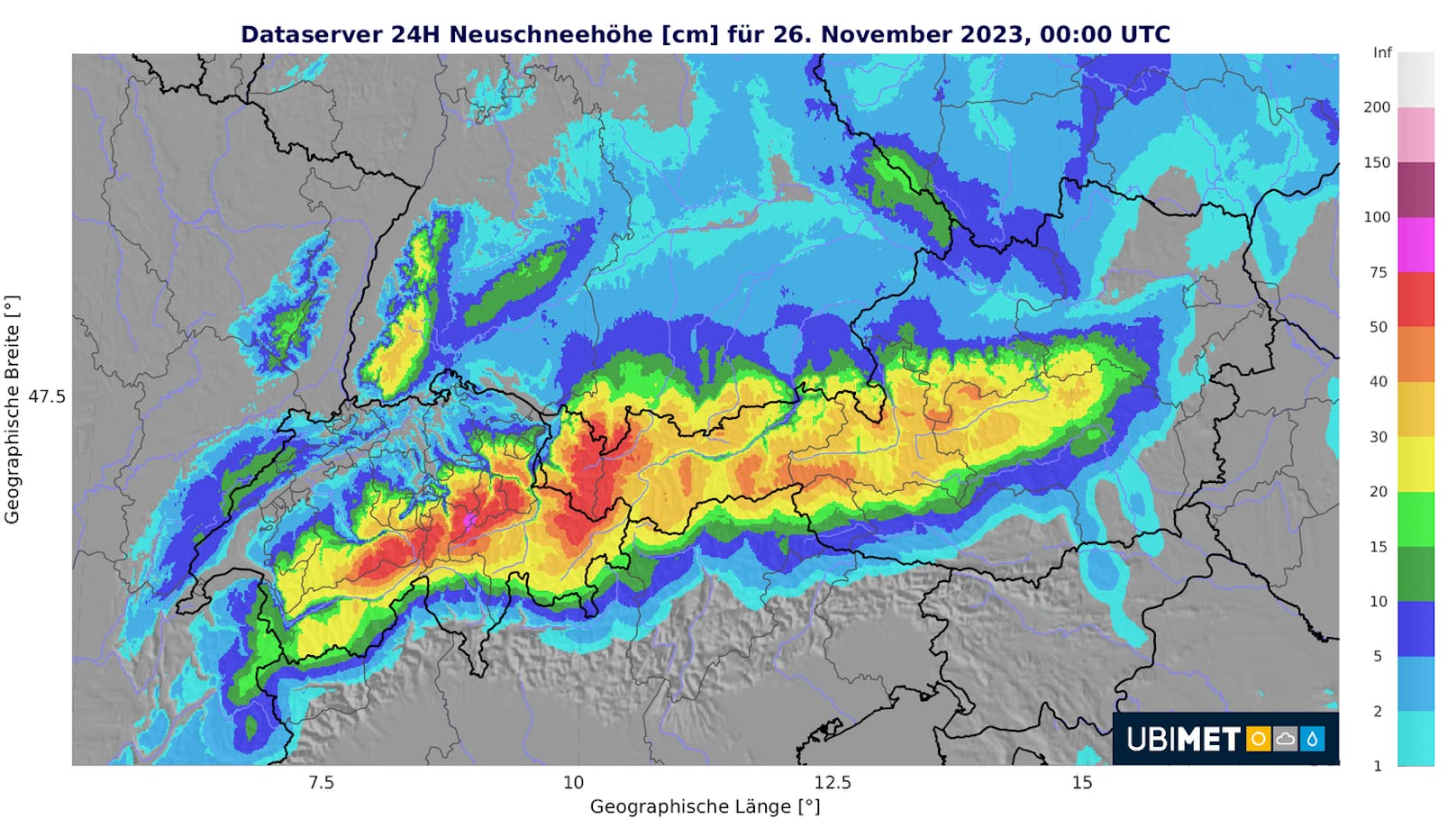 Prognose des Neuschnees am Samstag. Ein sehr winterlicher Tag steht den Alpen bevor und auch im nördlichen Flachland deutet sich Schnee bis nach Wien an.