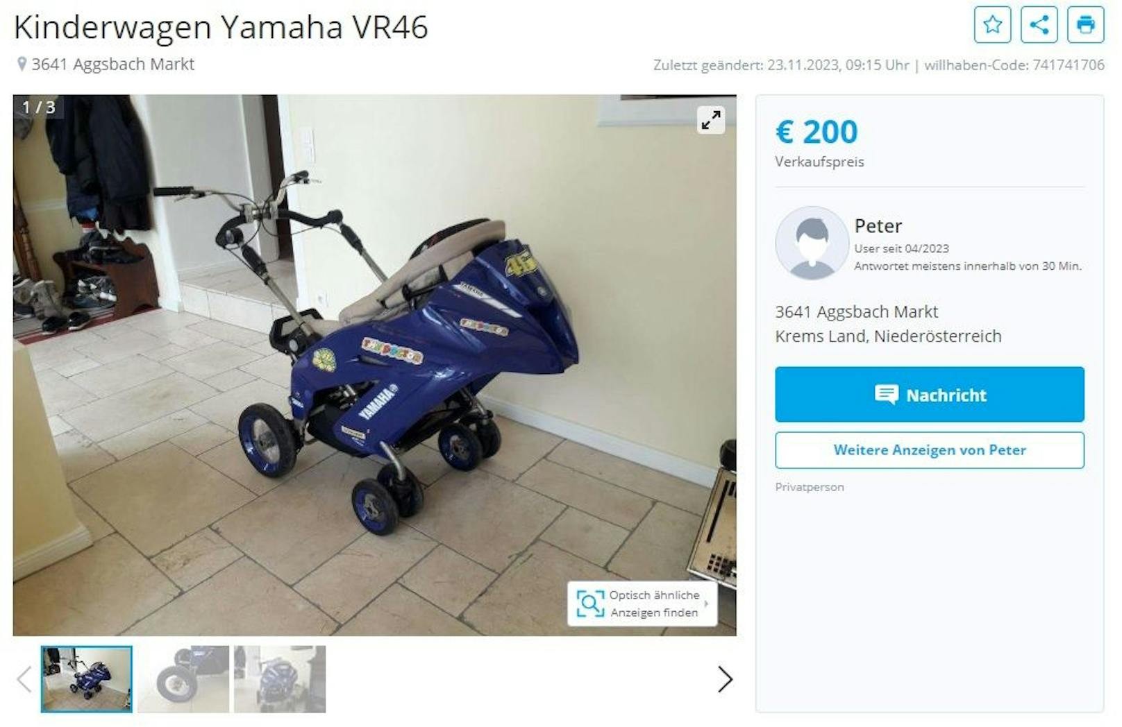 Ein Niederösterreicher verkauft auf Willhaben seinen Yamaha-Kinderwagen!