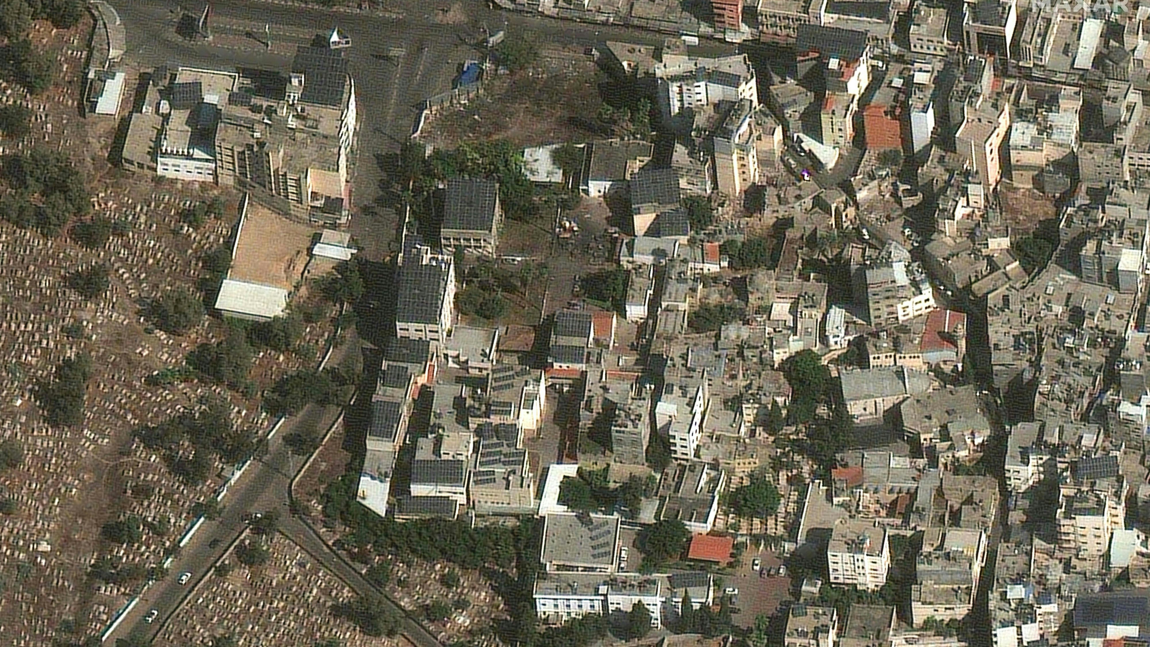 Ein Satellitenbild des Al-Ahli-Krankenhauses im Gazastreifen, aufgenommen am 17. Oktober 2023. 