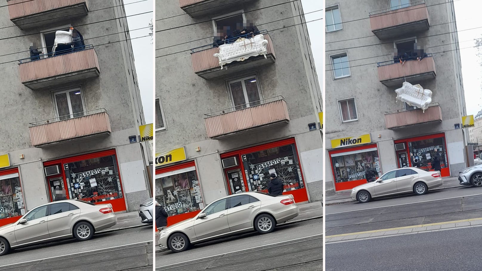 Gefährlich! Wiener seilen Sofa von Gemeindebau-Balkon