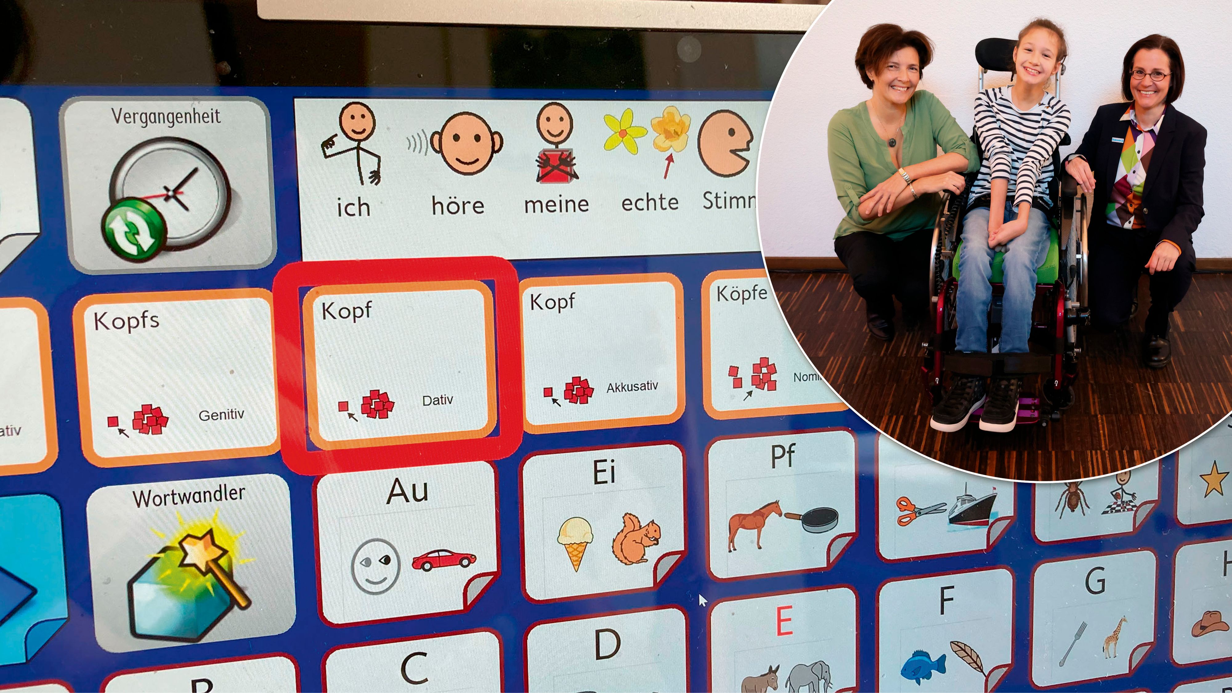 Mit einem Sprachcomputer wie im Hintergrund kann Katharina (oben Mitte) mit den Augen sprechen. Dabei unterstützt wird sie von Mama Nina (li.). Diakonie-Direktorin Maria Katharina Moser (re.) fordert einen Rechtsanspruch auf solche Geräte. 