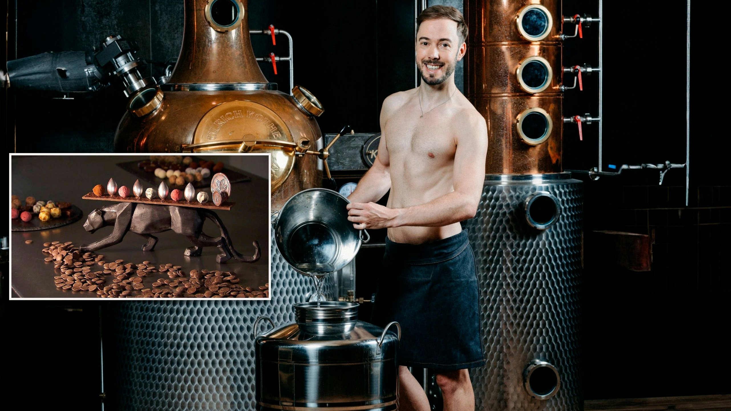 Konditormeister Johannes Warmuth zeigte sich im Jungbauern-Kalender von seiner Schokoladenseite. Angezogen kreiert er Schoko-Wunderwerke (l.)