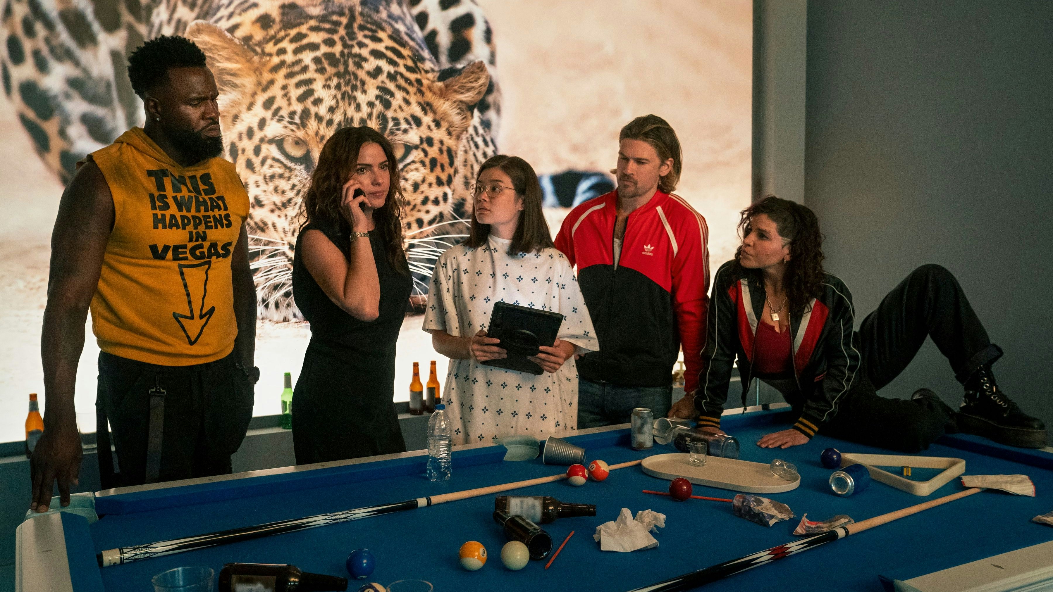 Obliterated. (L to R) Terrence Terrell as Trunk, Shelley Hennig as Ava Winters, Kimi Rutledge as Maya Lerner, Nick Zano as Chad McKnight, Paola Lázaro as Angela Gomez in episode 107 of Obliterated. Cr. Ursula Coyote/Netflix © 2023