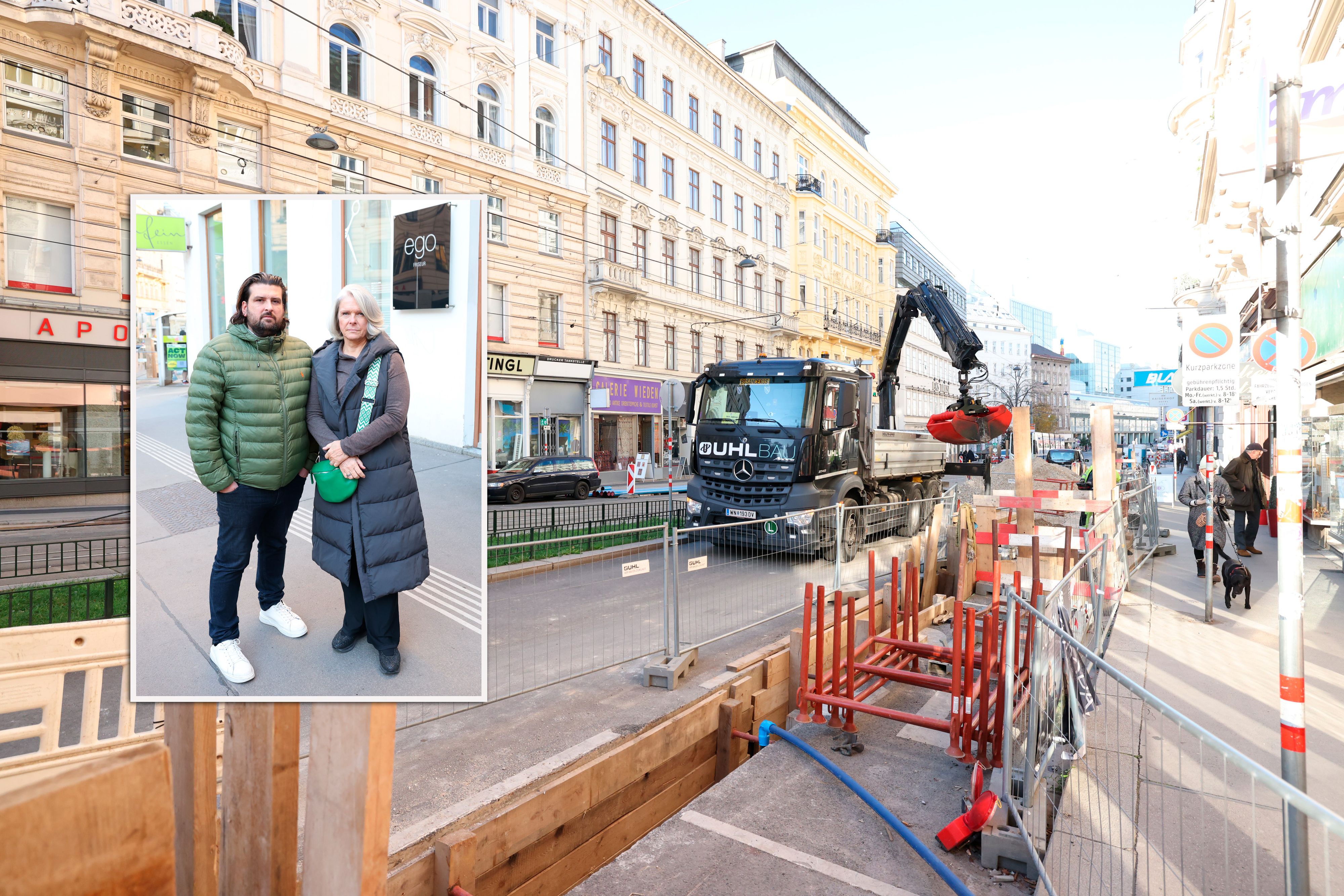 Ex-ÖHV-Präsidentin Michaela Reitterer und Friseur Mattias Ruggenthaler sind massiv vom Umbau der Wiedner Hauptstraße betroffen.