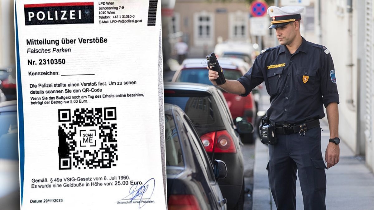 Wiener Parksheriffs sind keine Polizisten, der links abgebildete "Strafzettel" samt QR-Code eine Fälschung von Betrügern.