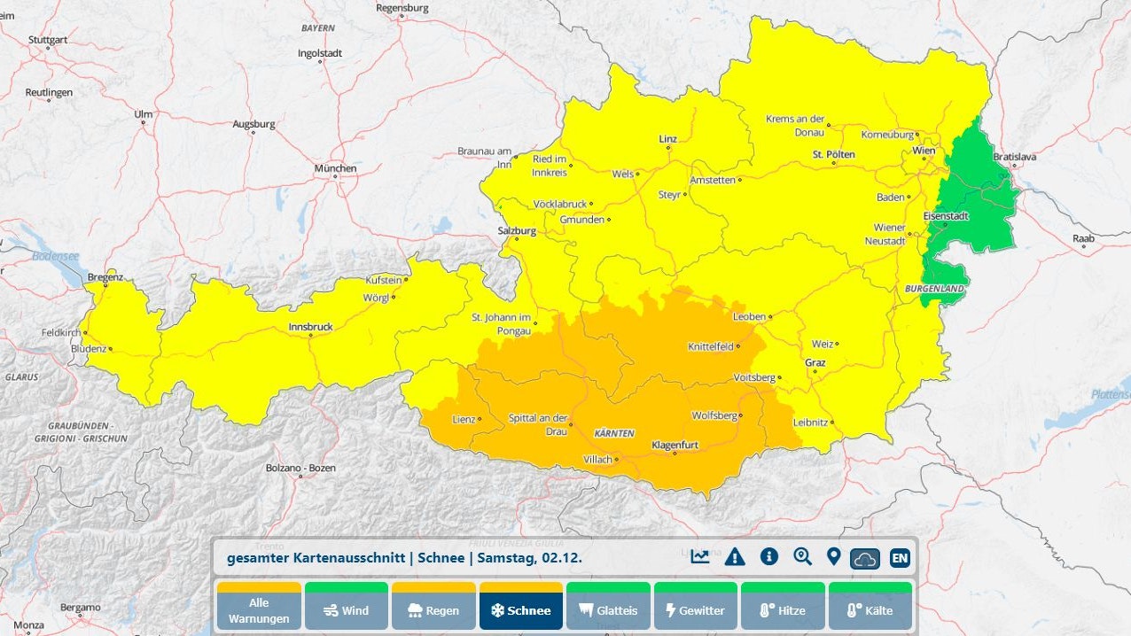 Schnee-Warnung der GeoSphere Austria für Samstag, 2. Dezember 2023.