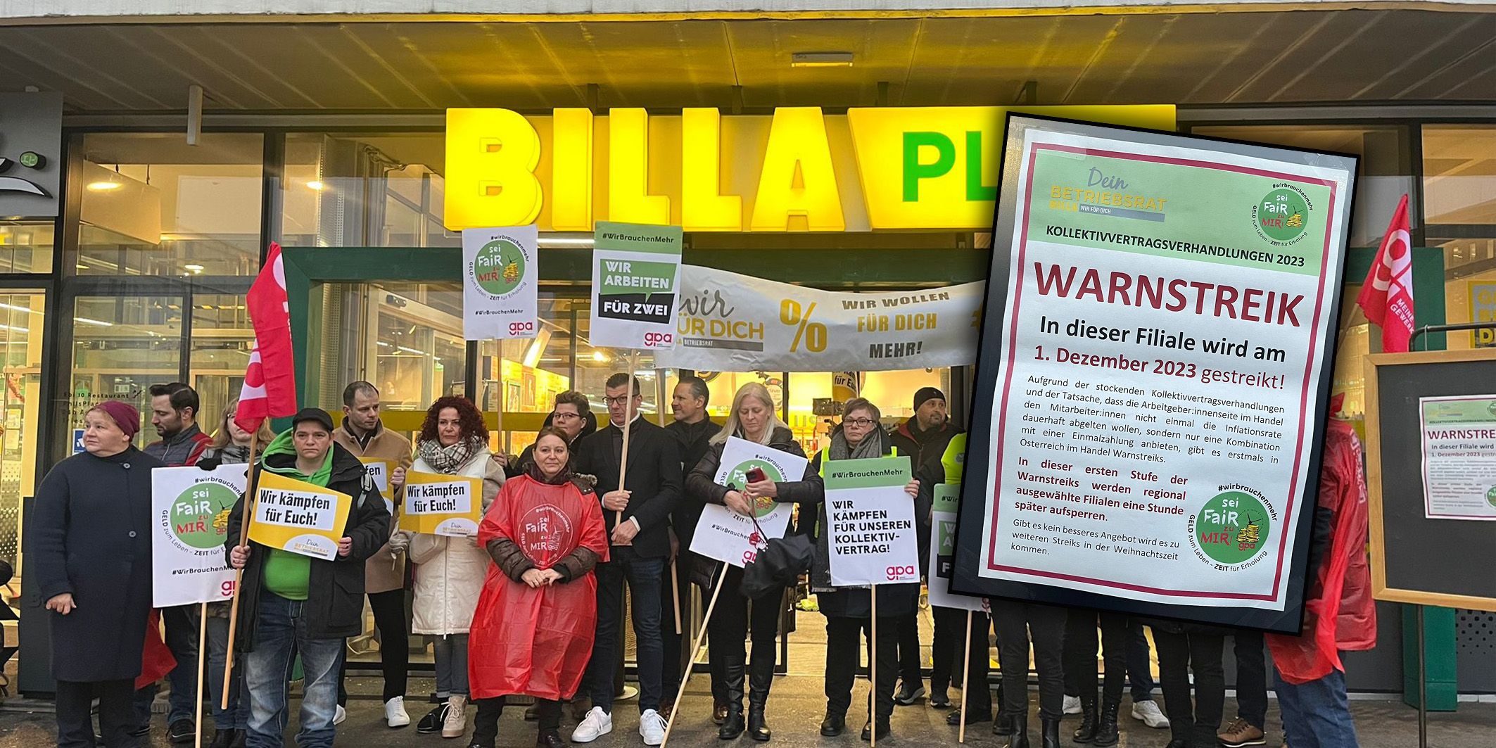 Warnstreik in einem Lebensmittelgeschäft in Wien Favoriten: Am Freitagmorgen versammeln sich die Mitarbeiter vor dem Gebäude.