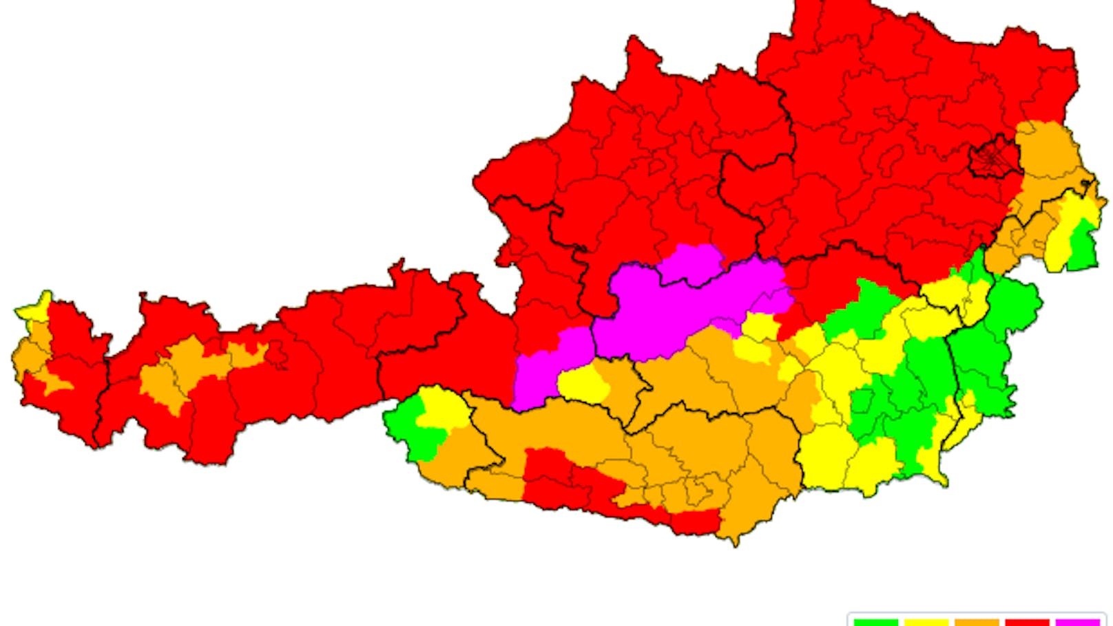 Die Unwettergefahr ist derzeit groß, wie die lila markierten Bereiche zeigen. Vor allem in der Steiermark und Salzburg