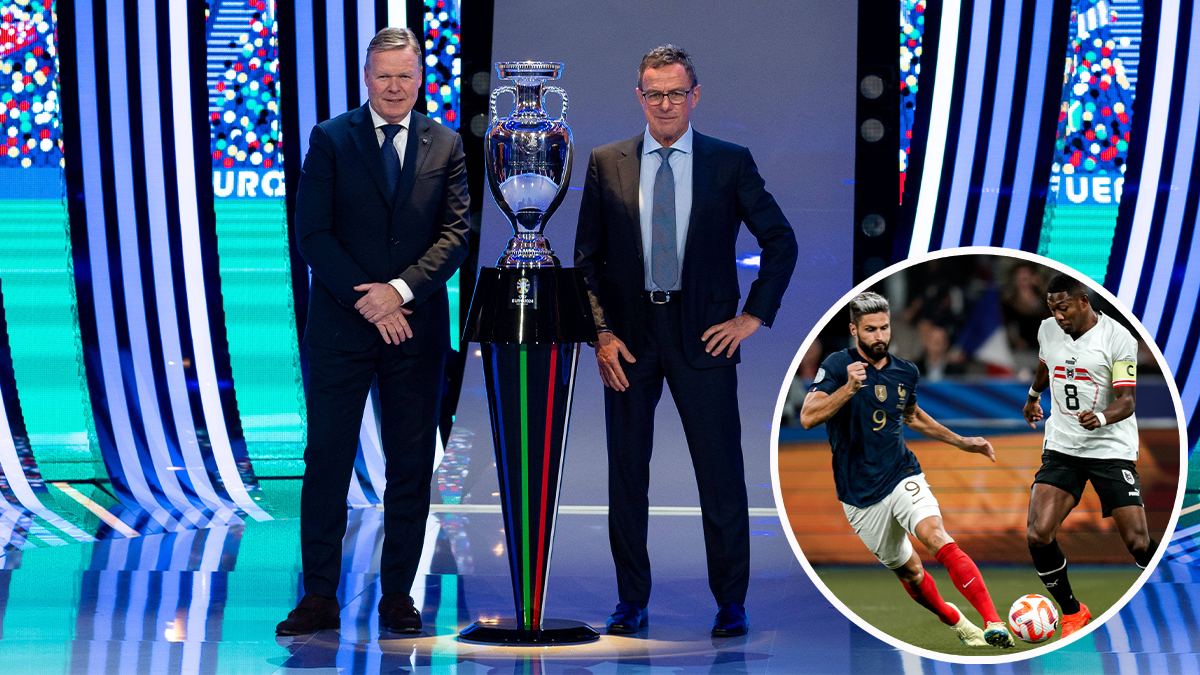 Ralf Rangnick neben dem EM-Pokal und dem Trainer von Gruppengegner Niederlande, Ronald Koeman.