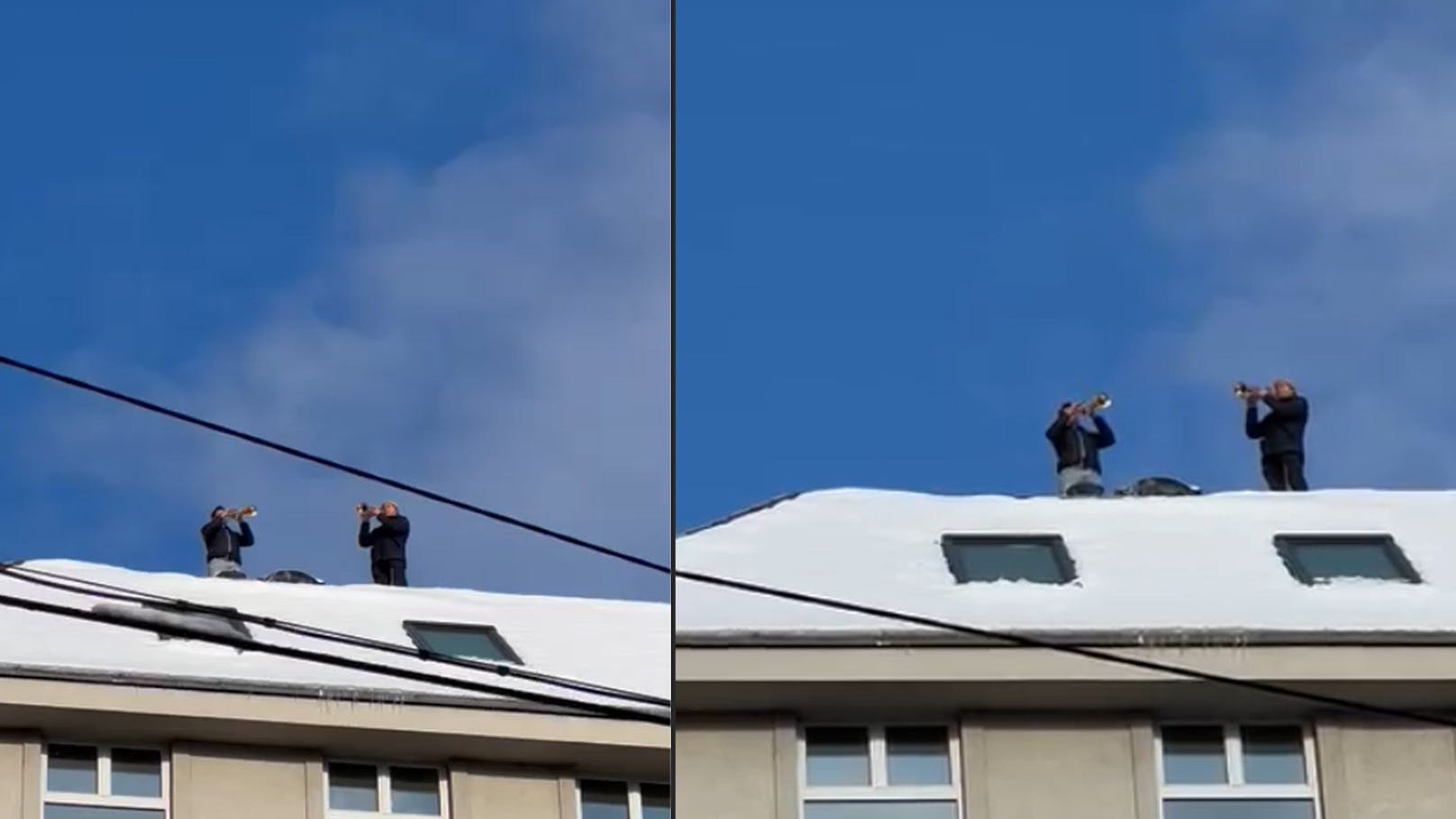 Wiener klettern mit Trompete auf Dach, geben Konzert