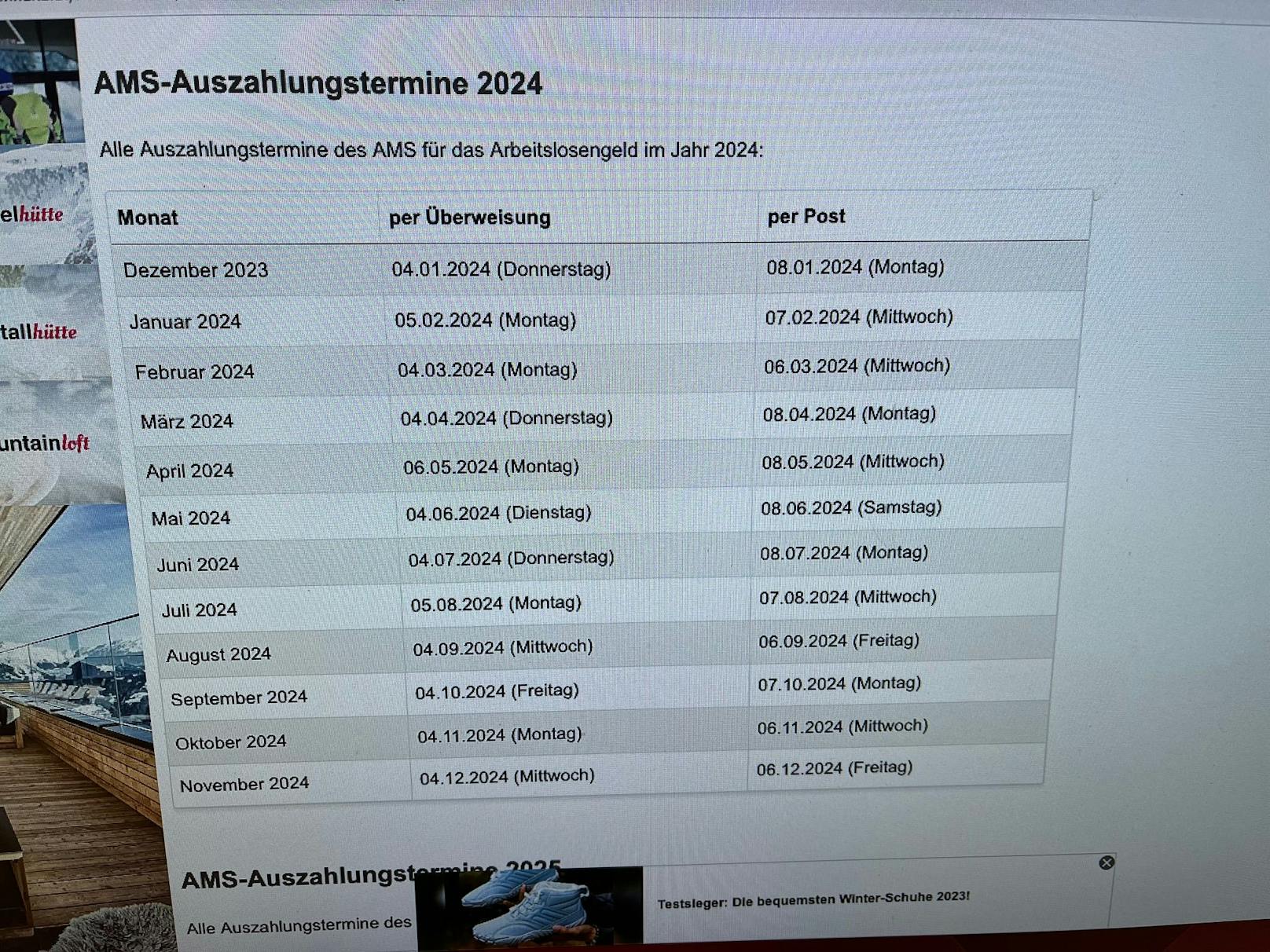 AMS-Auszahlungstage für das gesamte Jahr 2024 (<em>Dezember 2024-Bezug kommt mit Jänner 2025, Anm.</em>)