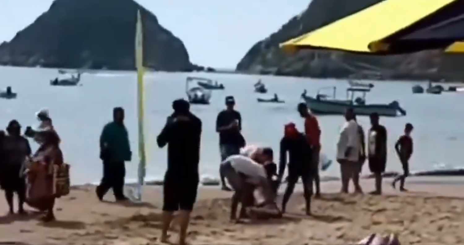 Ein Video zeigt, wie andere Strandbesucher der Frau aus dem Wasser helfen. 