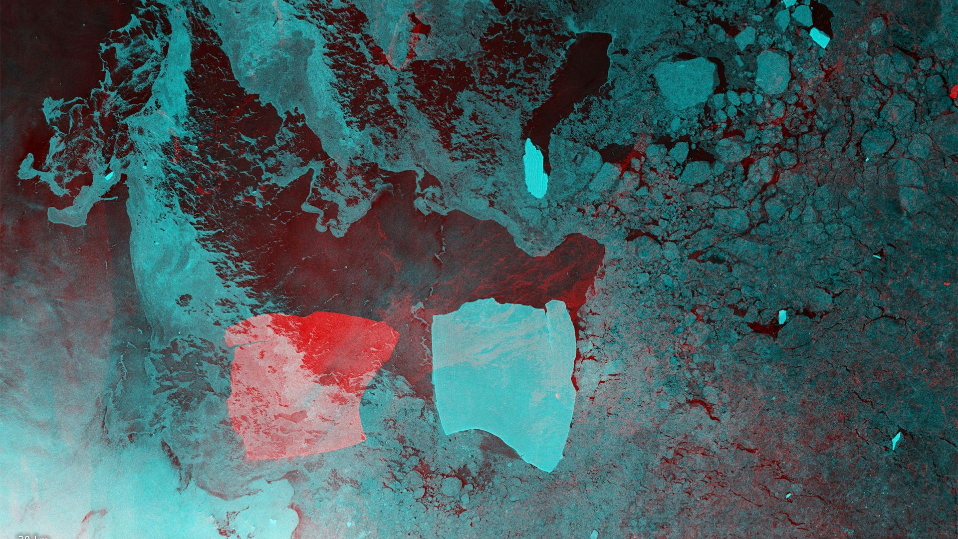 Die Überlagerung von Bilder des ESA-Satelliten Copernicus Sentinel-1 zeigt, wie weit sich Eisberg A23a - von blau nach rot - im Vorjahr fortbewegt hat.