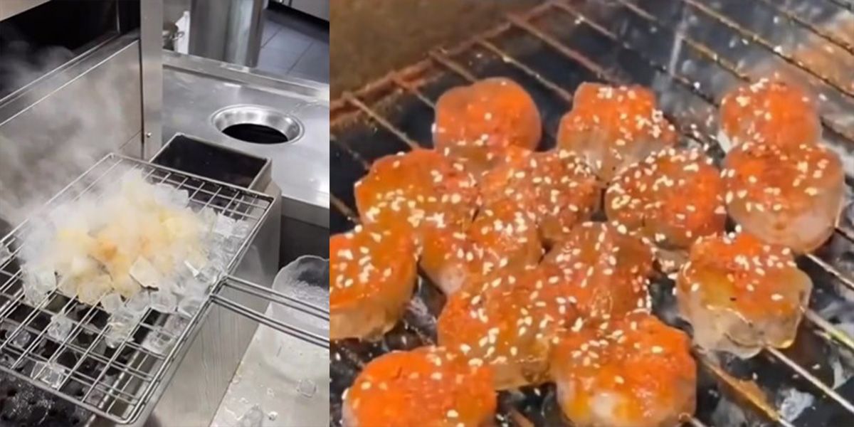 Die Eiswürfel werden über Holzkohle gegrillt und anschließend mit Gewürzen und Soße bedeckt.