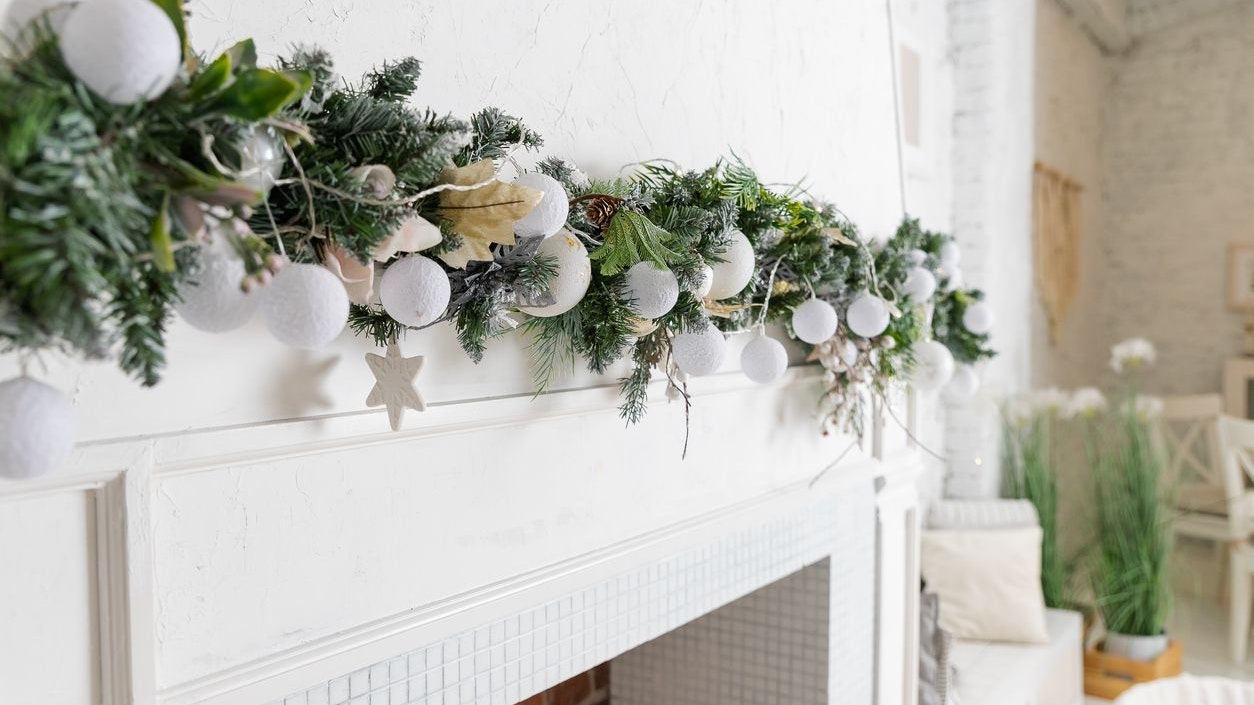 Christmas decoration with fireplace in the room