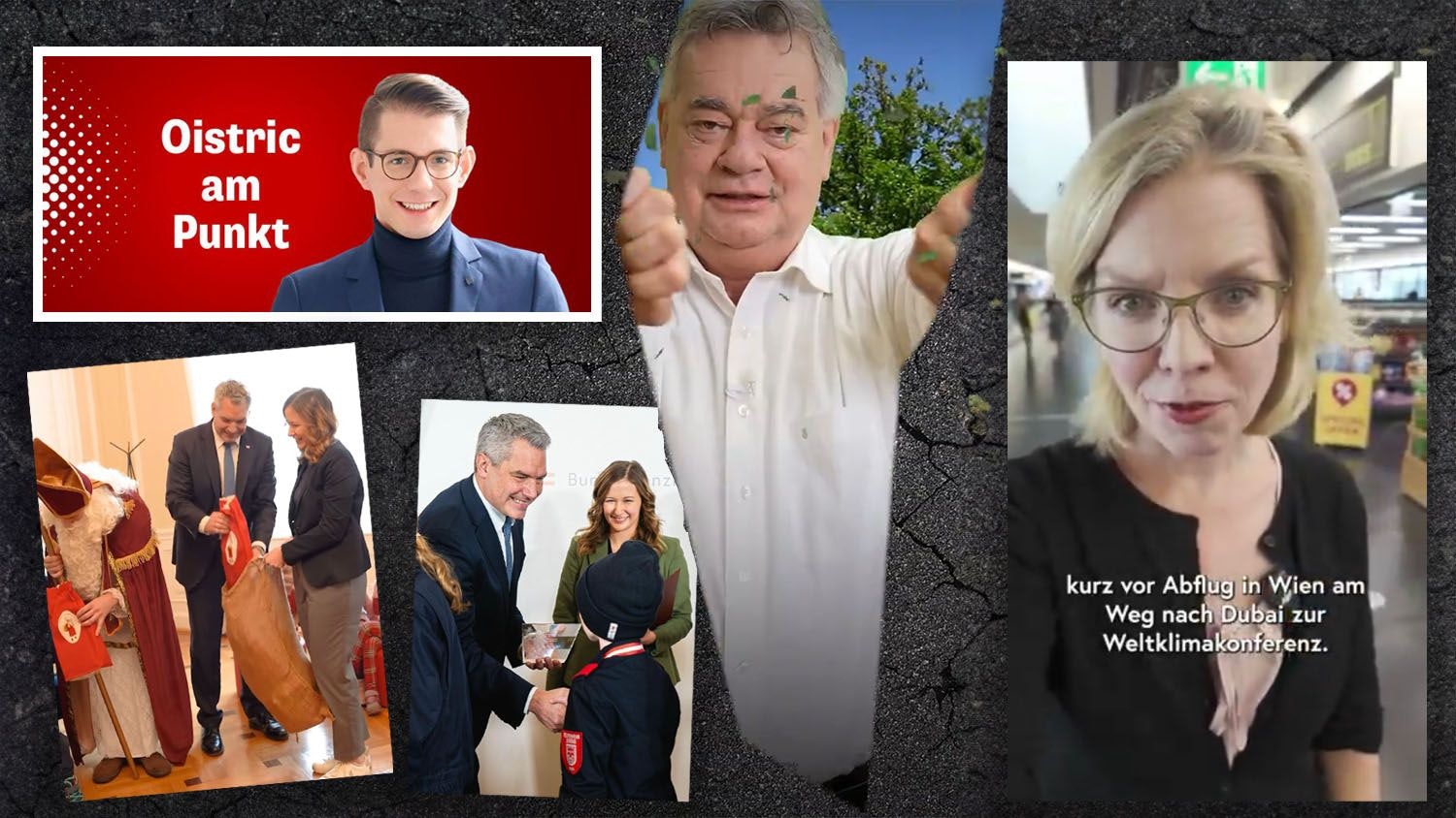 Die Woche unserer Spitzenpolitiker: Werner Kogler postete sich als Betonierer, Leonore Gewessler am Flughafen vor dem Abflug, Kanzler Nehammer als Nikolo-Helfer.