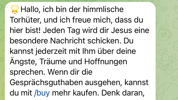 Über Telegram kann dem Sohn Gottes geschrieben werden, und er hört zu, gibt Ratschläge und verweist auf Bibelverse.